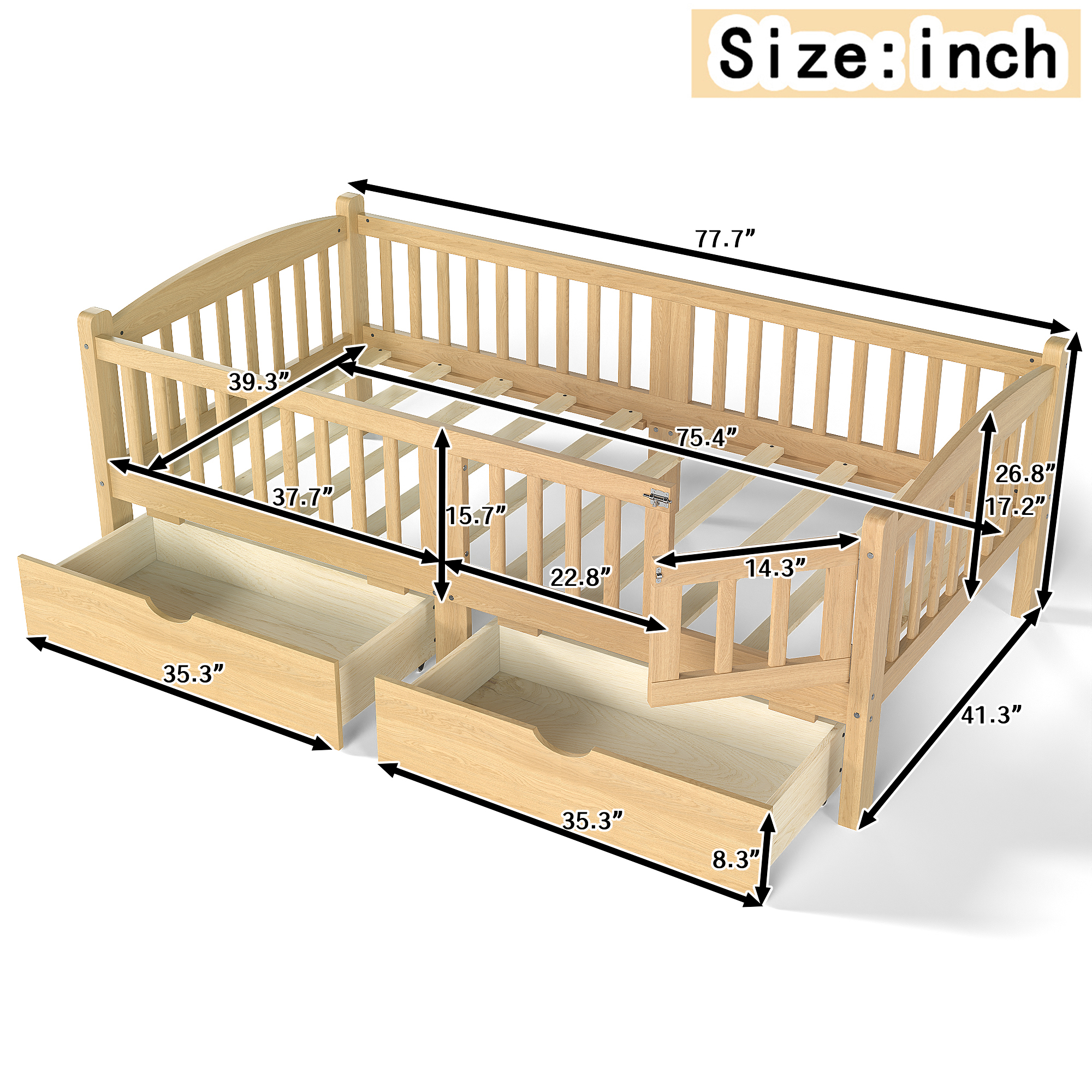 Twin Platform Bed with Full-length Guardrails, Kids Platform Bed with Storage Drawers, Childlike and Cute Headboard Design, Natural - Image 4