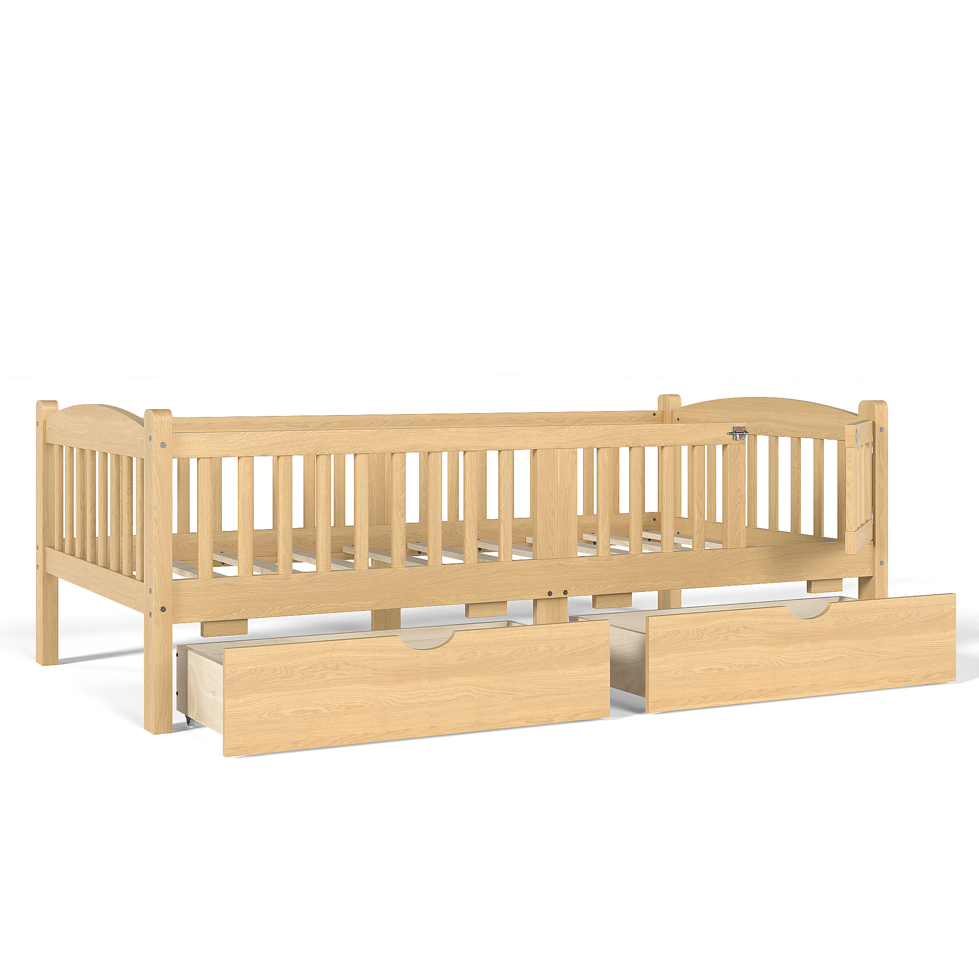 Twin Platform Bed with Full-length Guardrails, Kids Platform Bed with Storage Drawers, Childlike and Cute Headboard Design, Natural - Image 6