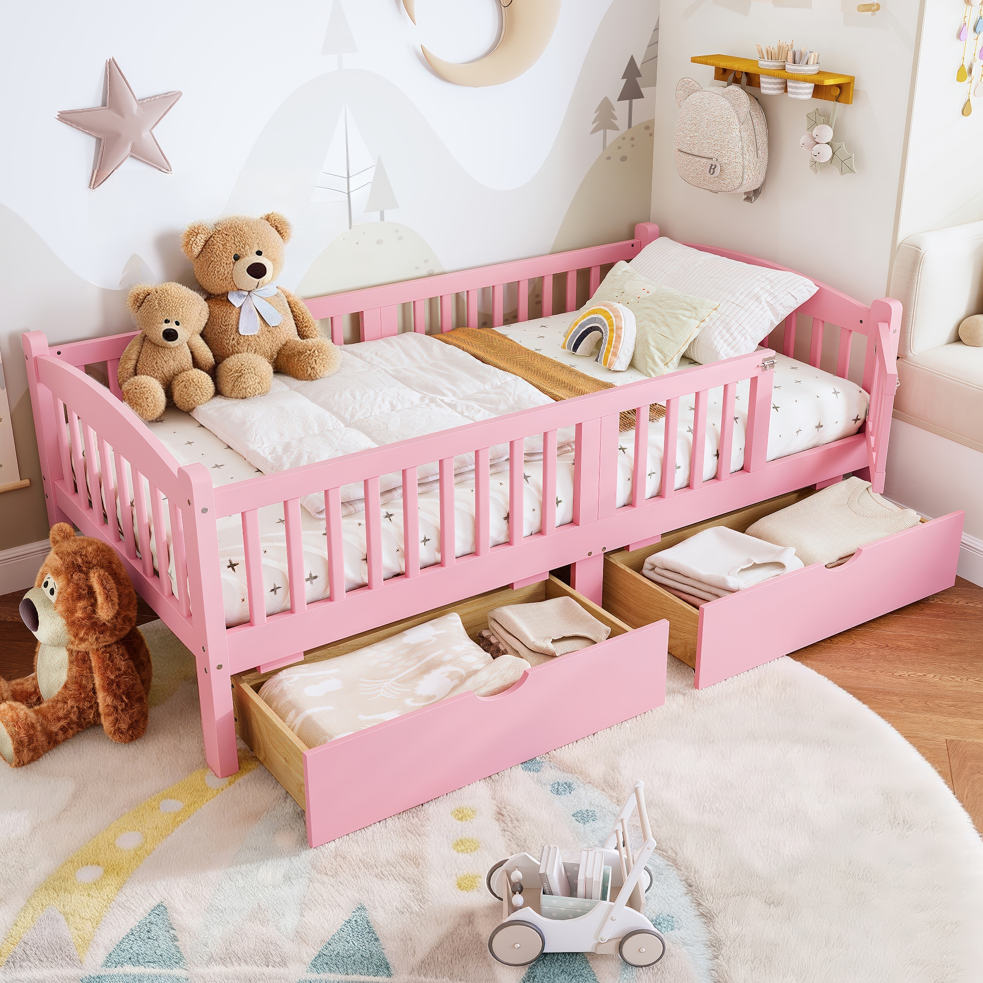 Twin Platform Bed with Full-length Guardrails, Kids Platform Bed with Storage Drawers, Childlike and Cute Headboard Design, Pink - Image 2