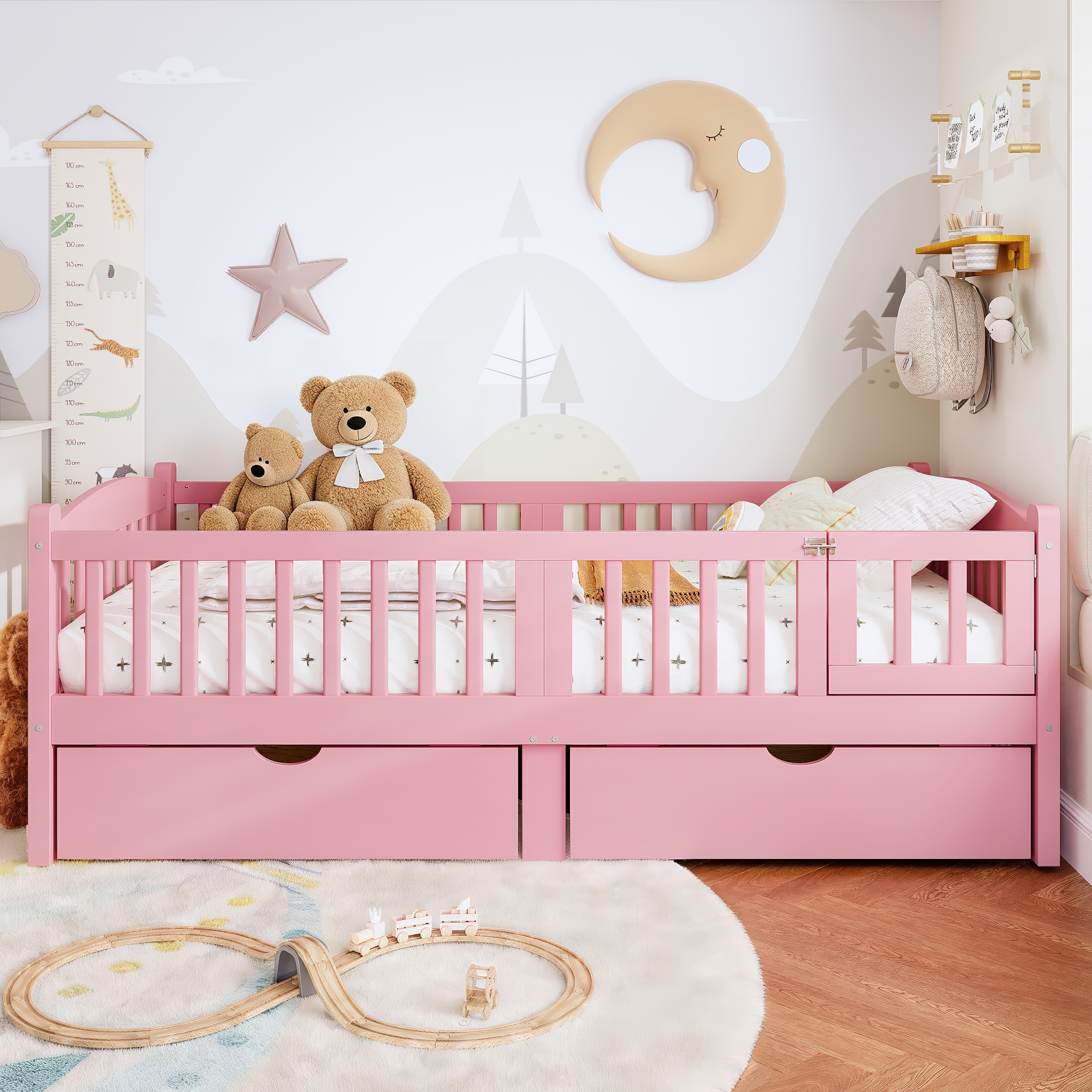 Twin Platform Bed with Full-length Guardrails, Kids Platform Bed with Storage Drawers, Childlike and Cute Headboard Design, Pink - Image 3