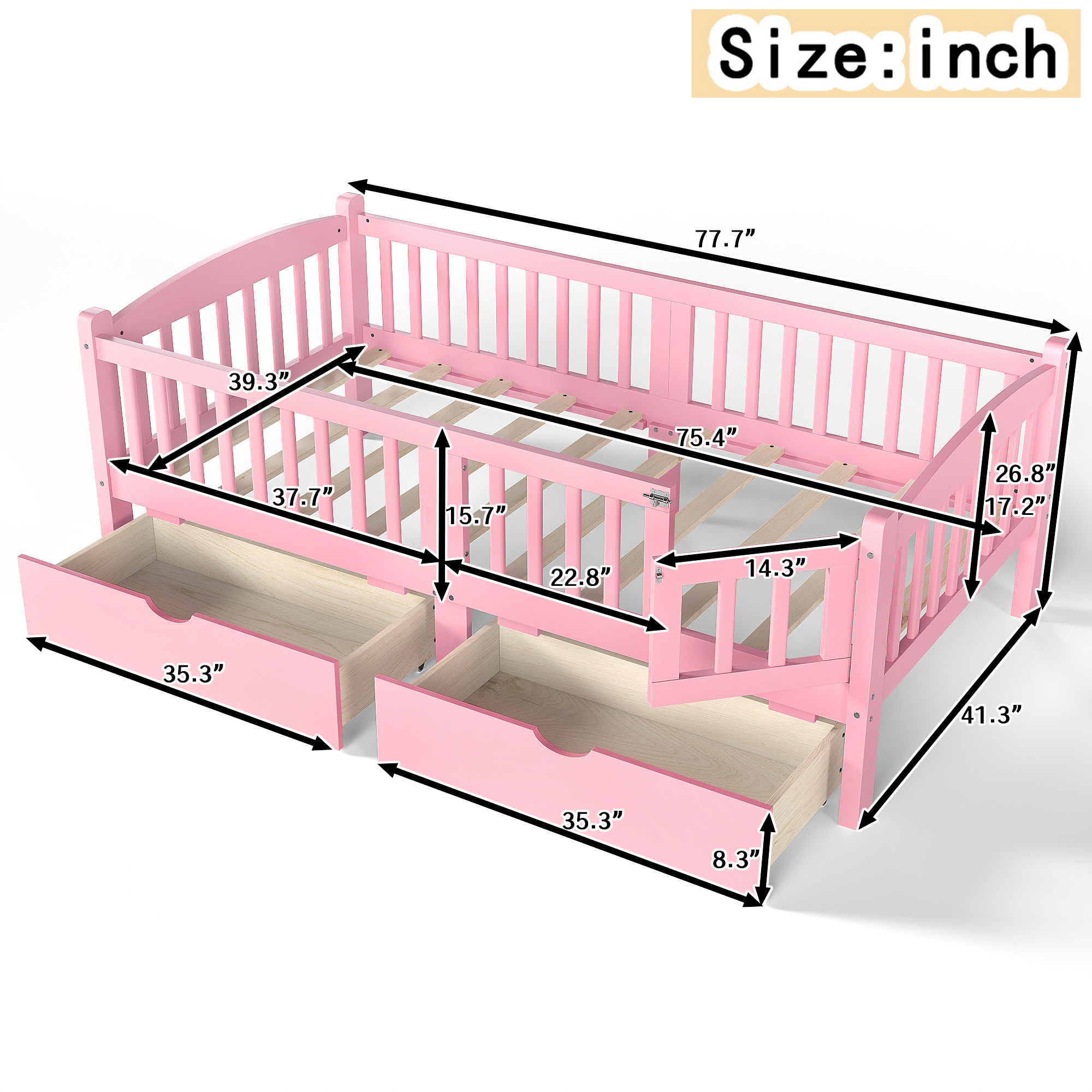 Twin Platform Bed with Full-length Guardrails, Kids Platform Bed with Storage Drawers, Childlike and Cute Headboard Design, Pink - Image 4
