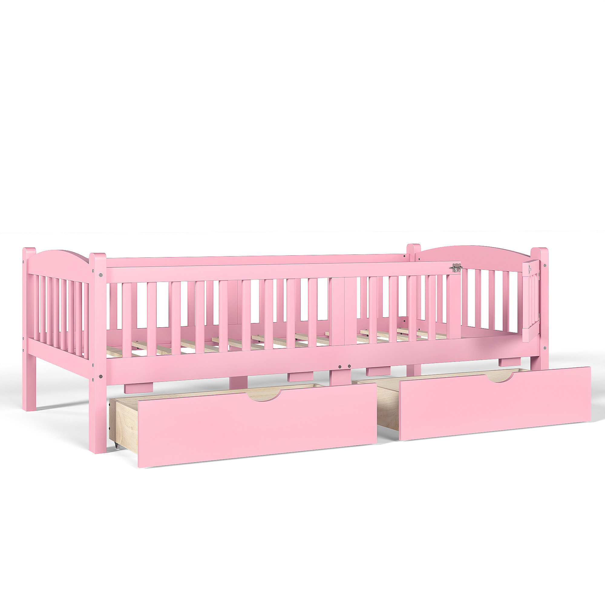 Twin Platform Bed with Full-length Guardrails, Kids Platform Bed with Storage Drawers, Childlike and Cute Headboard Design, Pink - Image 6