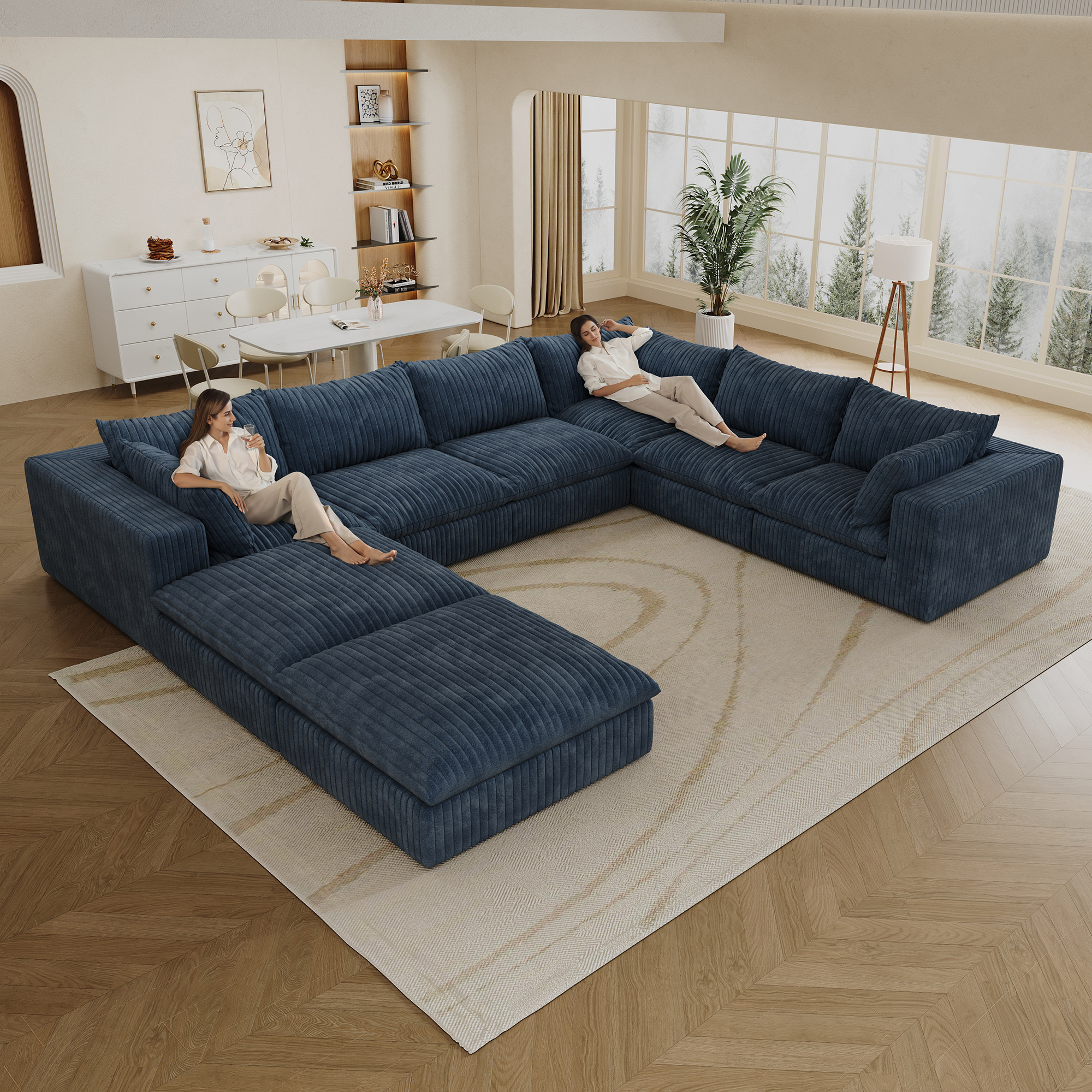 157.6" Cloud Sofa,Corduroy Fabric,Deep Seat Couches,Double-layer design,Removable Cushion,No Assembly, DIY Combination for Living room, Bedroom,Conference room ,Apartment,BLUE - Image 2