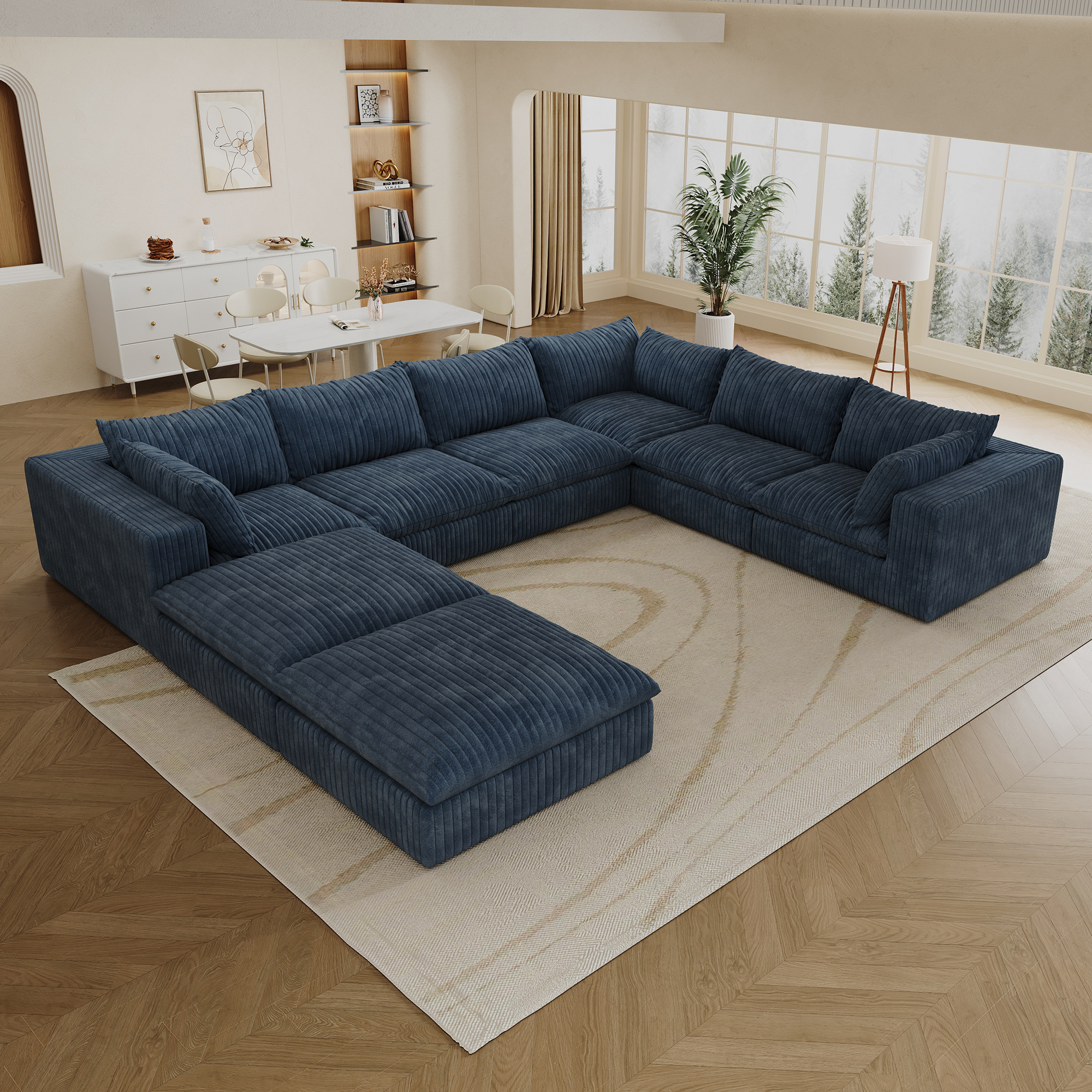 157.6" Cloud Sofa,Corduroy Fabric,Deep Seat Couches,Double-layer design,Removable Cushion,No Assembly, DIY Combination for Living room, Bedroom,Conference room ,Apartment,BLUE - Image 3