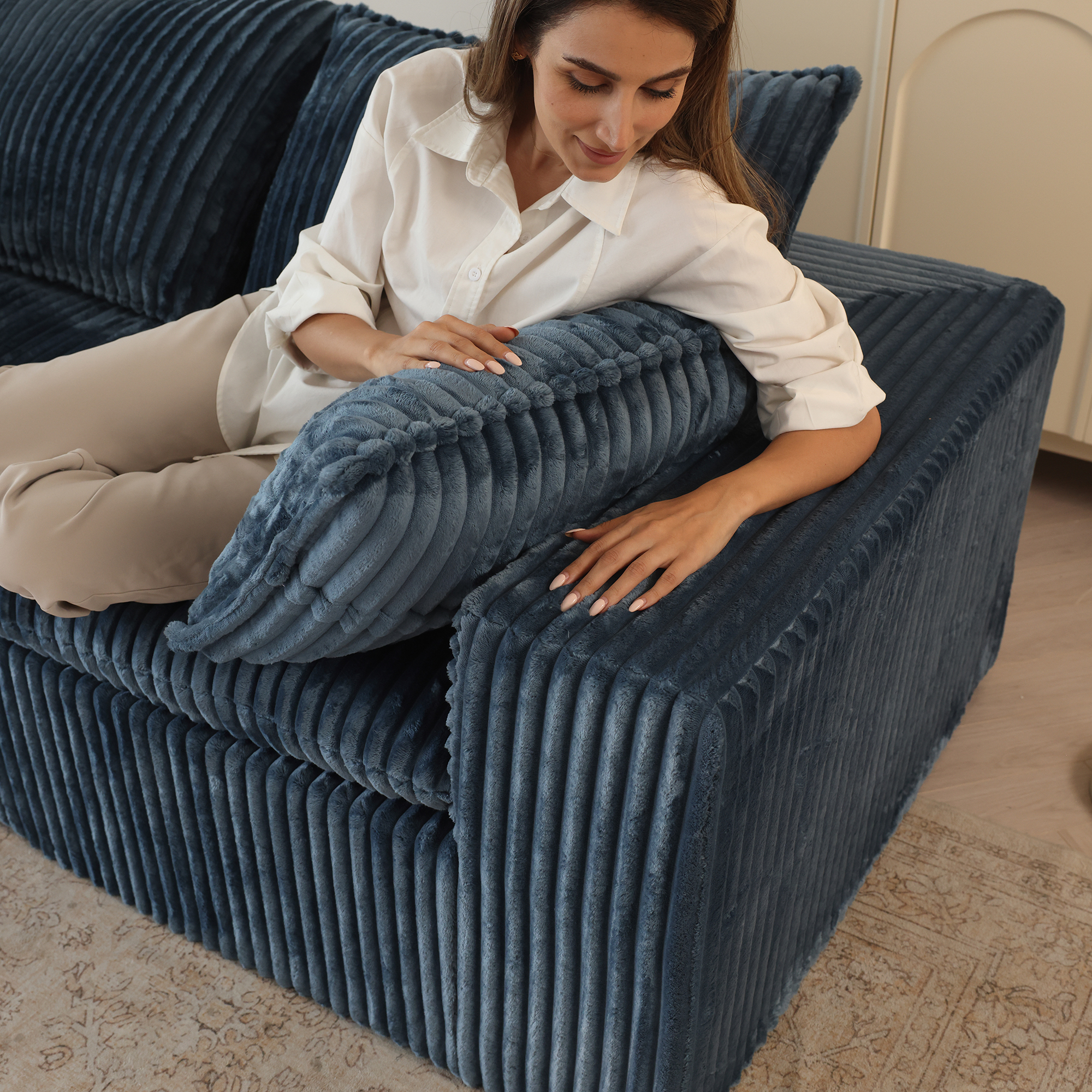 118.2" Cloud Sofa,Corduroy Fabric,Deep Seat Couches,Double-layer design,Removable Cushion,No Assembly, DIY Combination for Living room, Bedroom,Conference room ,Apartment,Blue - Image 6