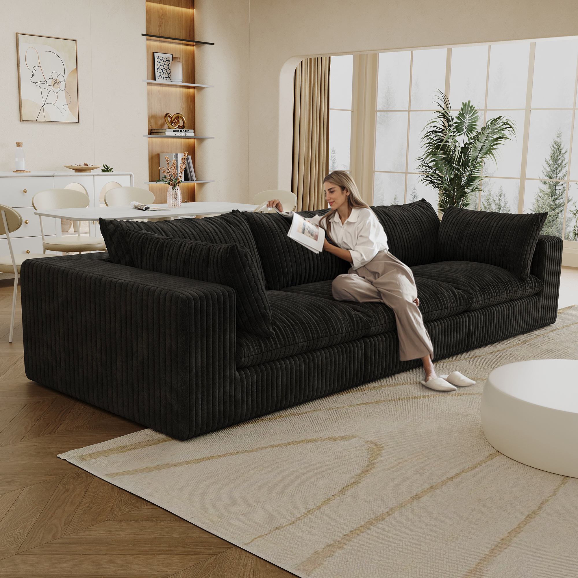118.2" Cloud Sofa,Corduroy Fabric,Deep Seat Couches,Double-layer design,Removable Cushion,No Assembly, DIY Combination for Living room, Bedroom,Conference room ,Apartment,Black - Image 2