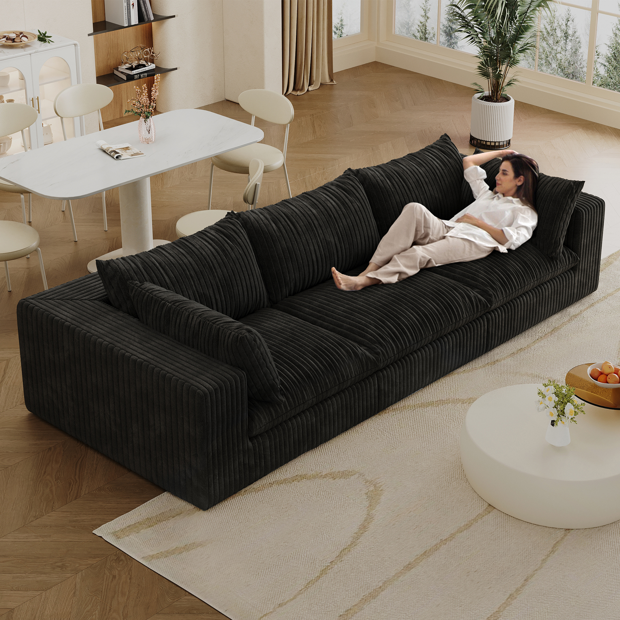 118.2" Cloud Sofa,Corduroy Fabric,Deep Seat Couches,Double-layer design,Removable Cushion,No Assembly, DIY Combination for Living room, Bedroom,Conference room ,Apartment,Black - Image 3