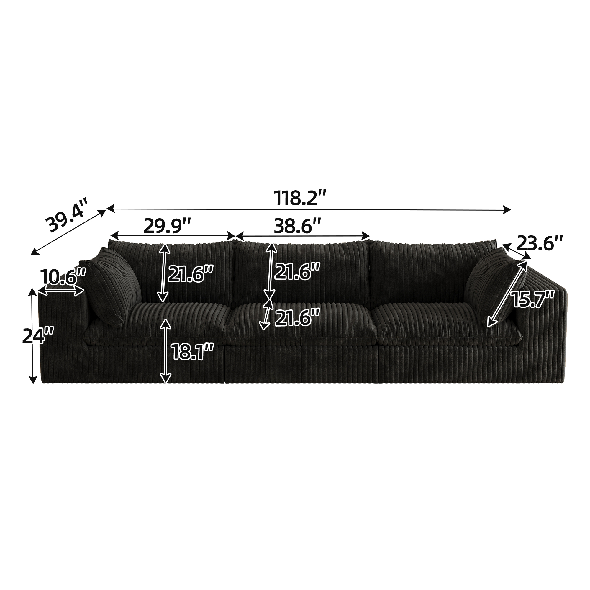 118.2" Cloud Sofa,Corduroy Fabric,Deep Seat Couches,Double-layer design,Removable Cushion,No Assembly, DIY Combination for Living room, Bedroom,Conference room ,Apartment,Black - Image 4