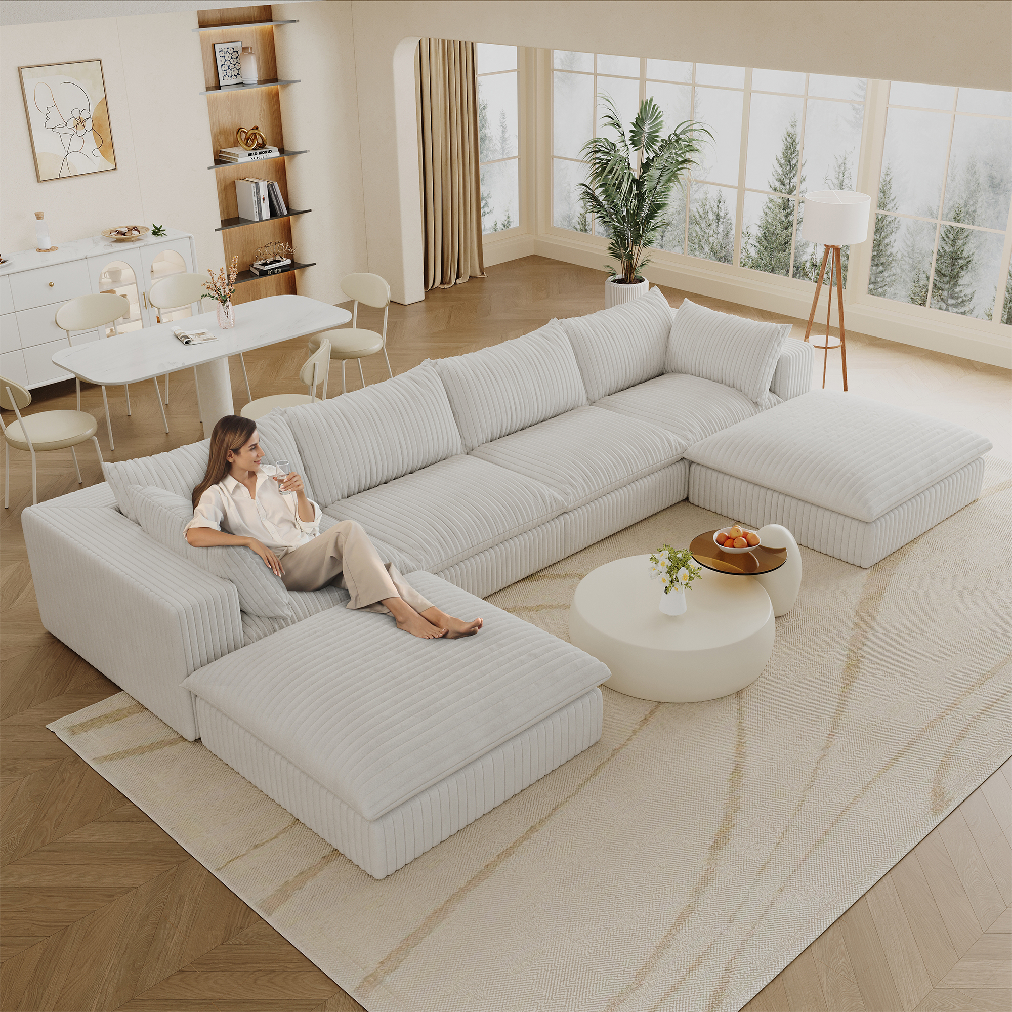 157.6"Cloud Sofa,Corduroy Fabric,Deep Seat Couches,Double-layer design,Removable Cushion,No Assembly,DIY Combination for Living room, Bedroom,Conference room ,Apartment,White - Image 2