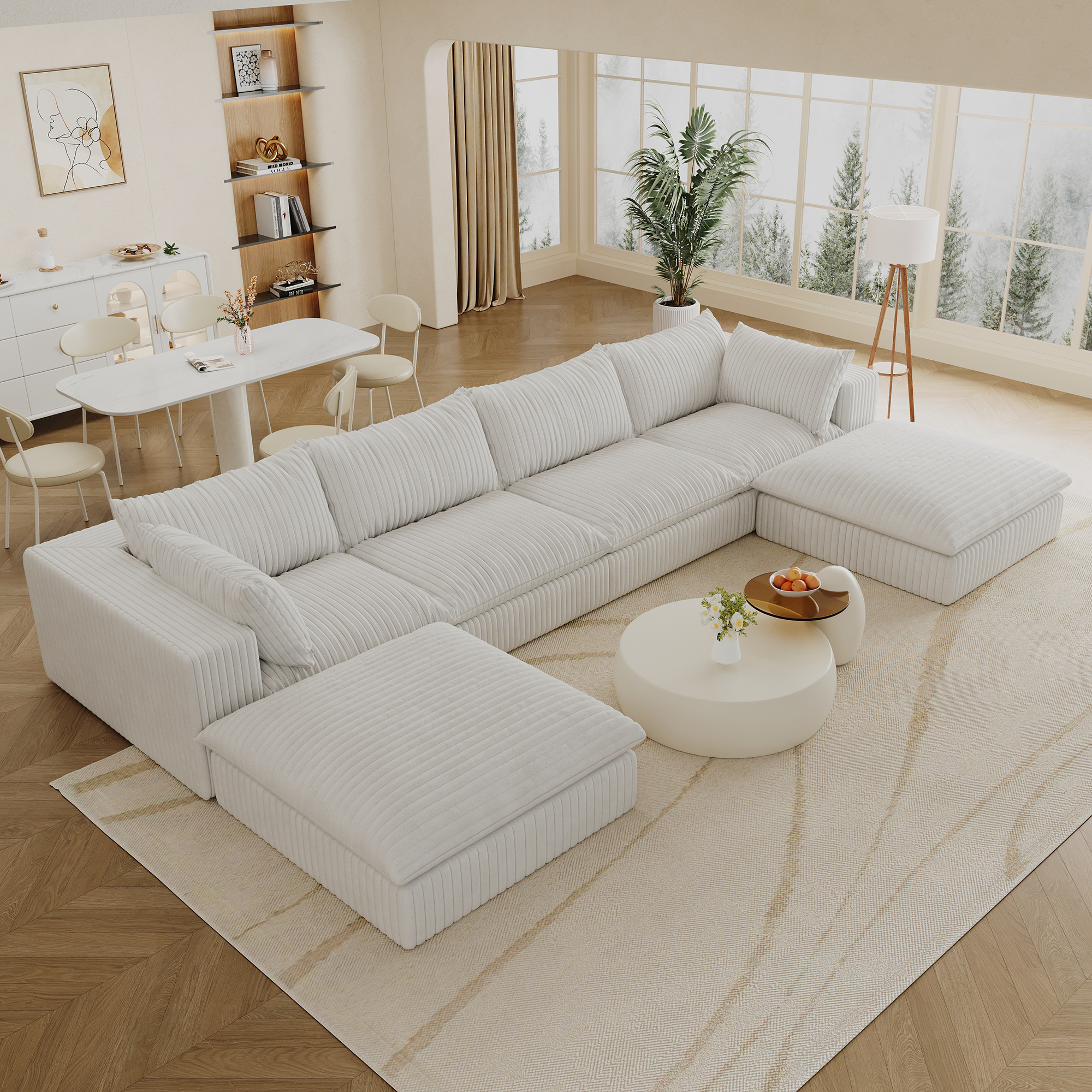 157.6"Cloud Sofa,Corduroy Fabric,Deep Seat Couches,Double-layer design,Removable Cushion,No Assembly,DIY Combination for Living room, Bedroom,Conference room ,Apartment,White - Image 4