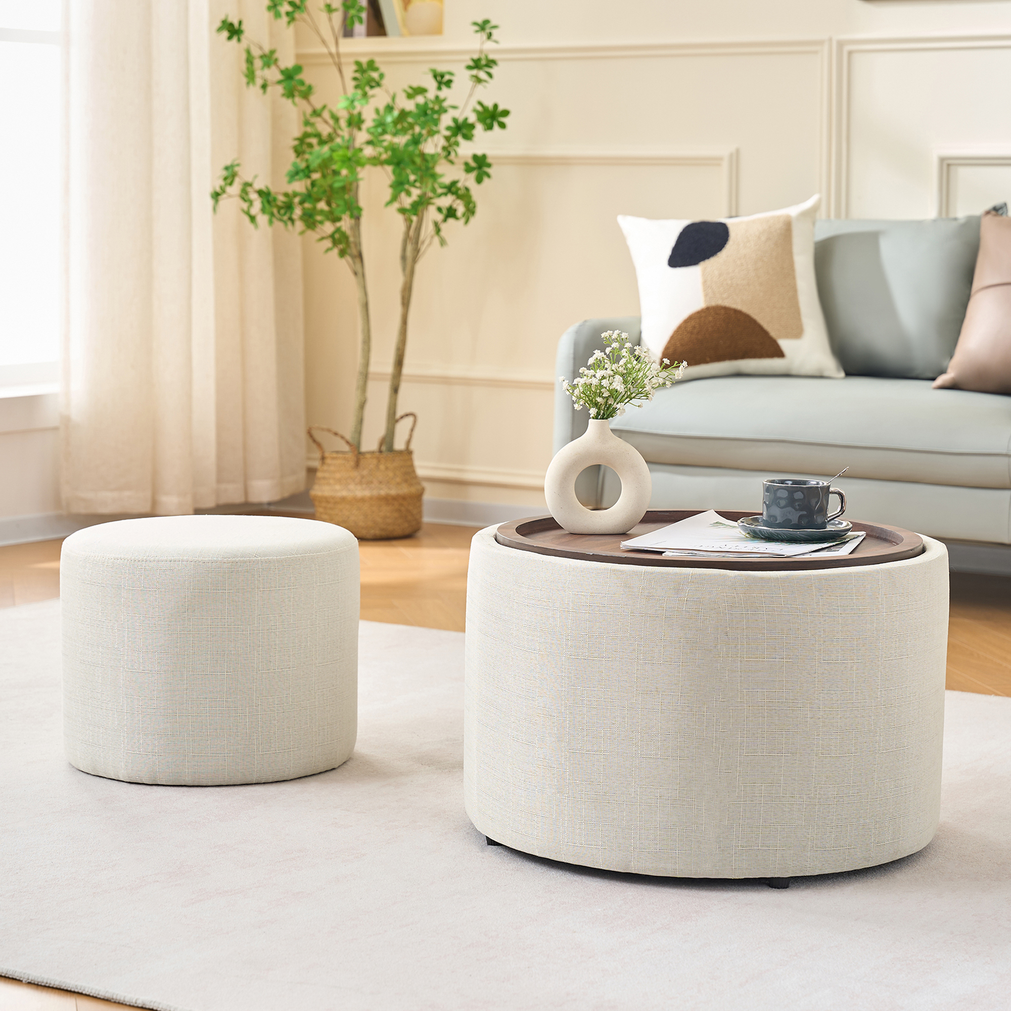 Ball & Cast Nesting Storage Ottomans of 2, Linen Upholstered Footstool w/Wood Tray, 22.75" Round Coffee Table & Bench, Beige - Image 3