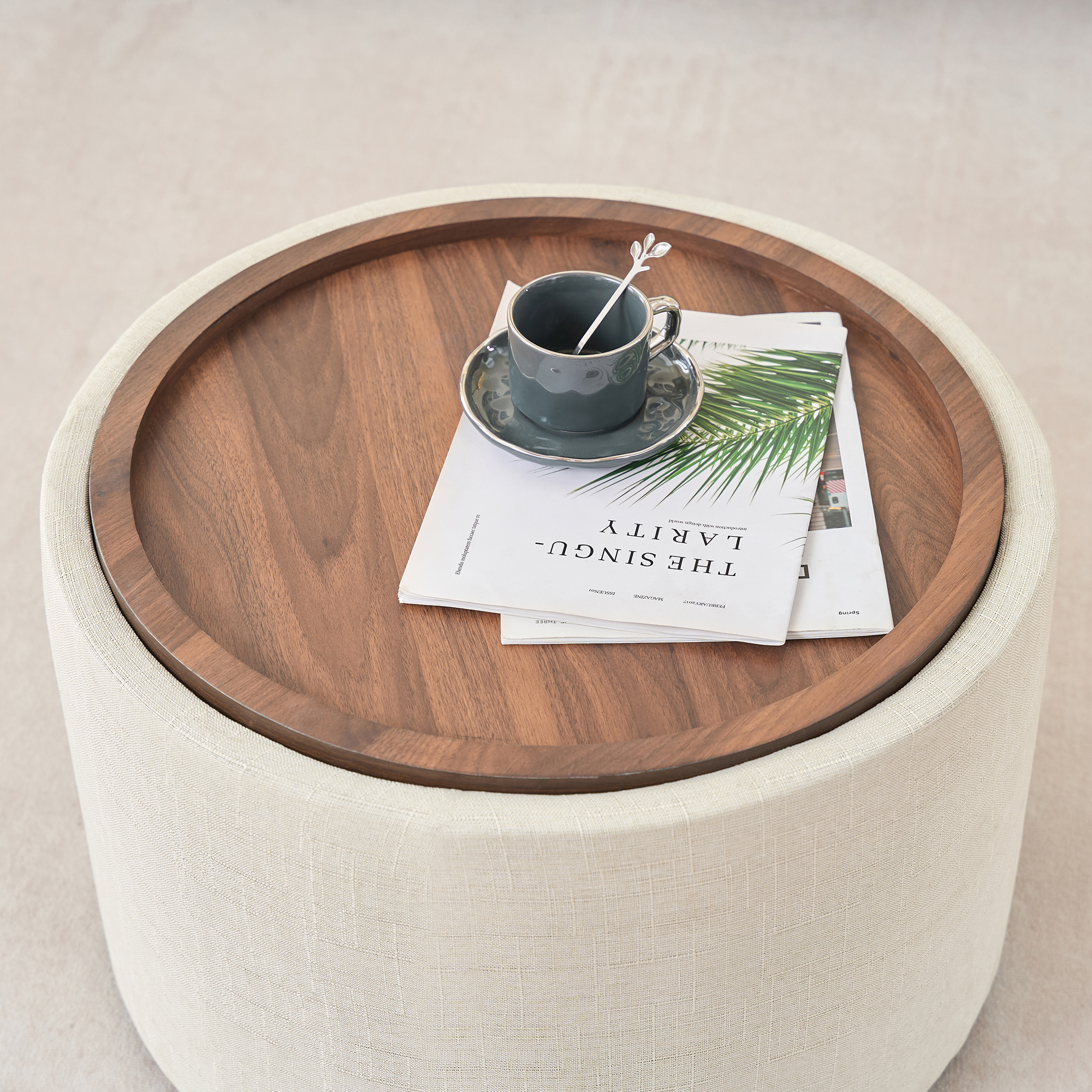 Ball & Cast Nesting Storage Ottomans of 2, Linen Upholstered Footstool w/Wood Tray, 22.75" Round Coffee Table & Bench, Beige - Image 5
