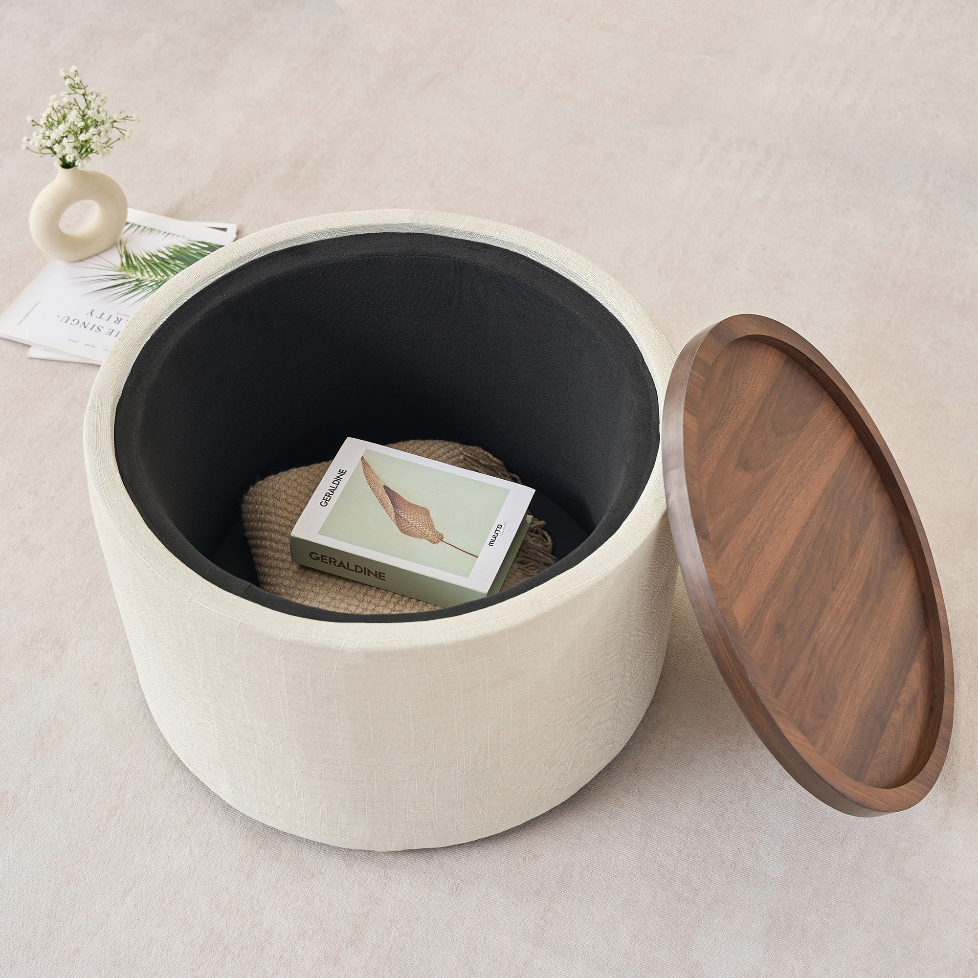 Ball & Cast Nesting Storage Ottomans of 2, Linen Upholstered Footstool w/Wood Tray, 22.75" Round Coffee Table & Bench, Beige - Image 6