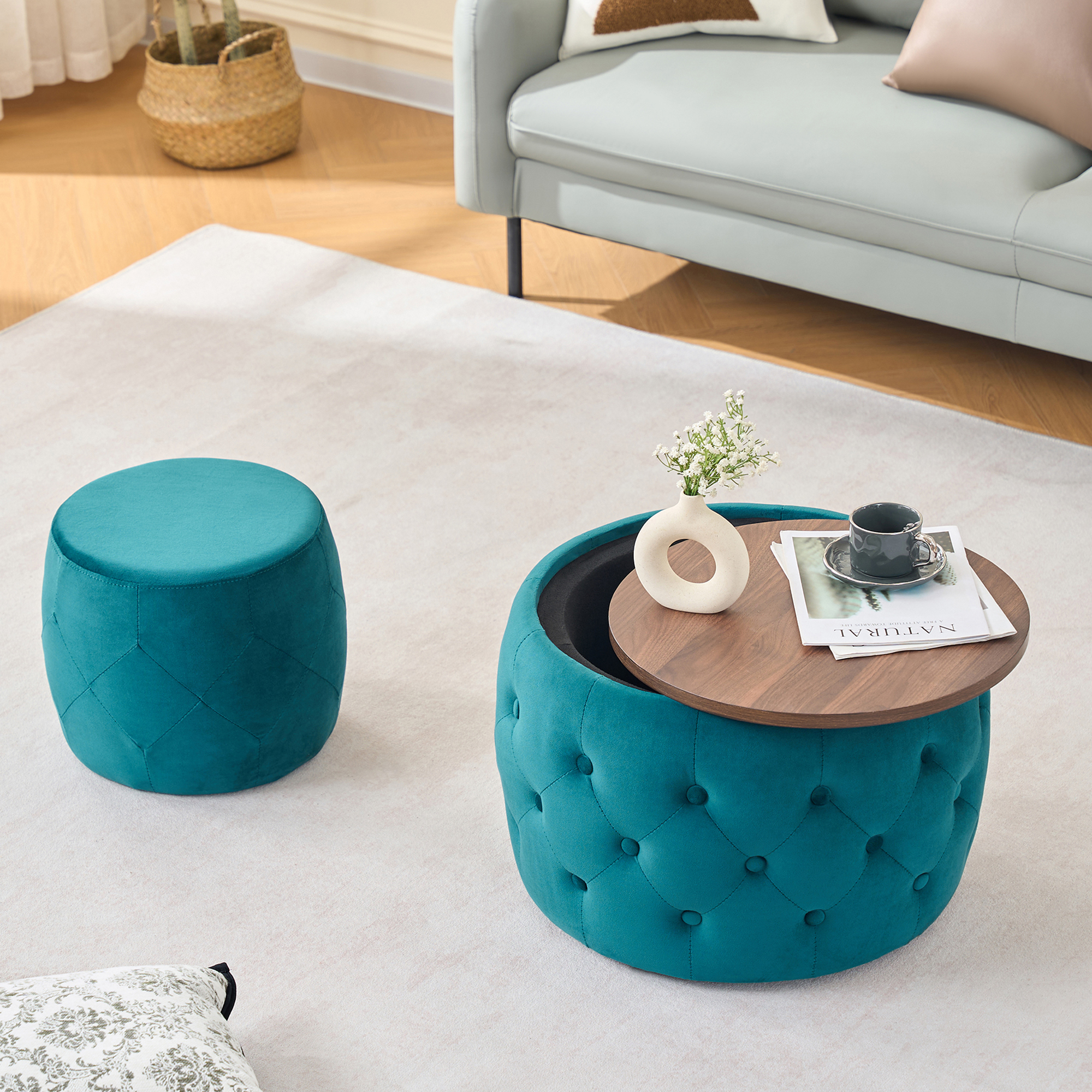 Luxurious Velvet Nesting Ottomans of 2, 4-in-1 Function, Round Storage Foot Stool with Wood Tray, No Assembly Needed, Blue (22.75"x22.75"x15"H) - Image 3