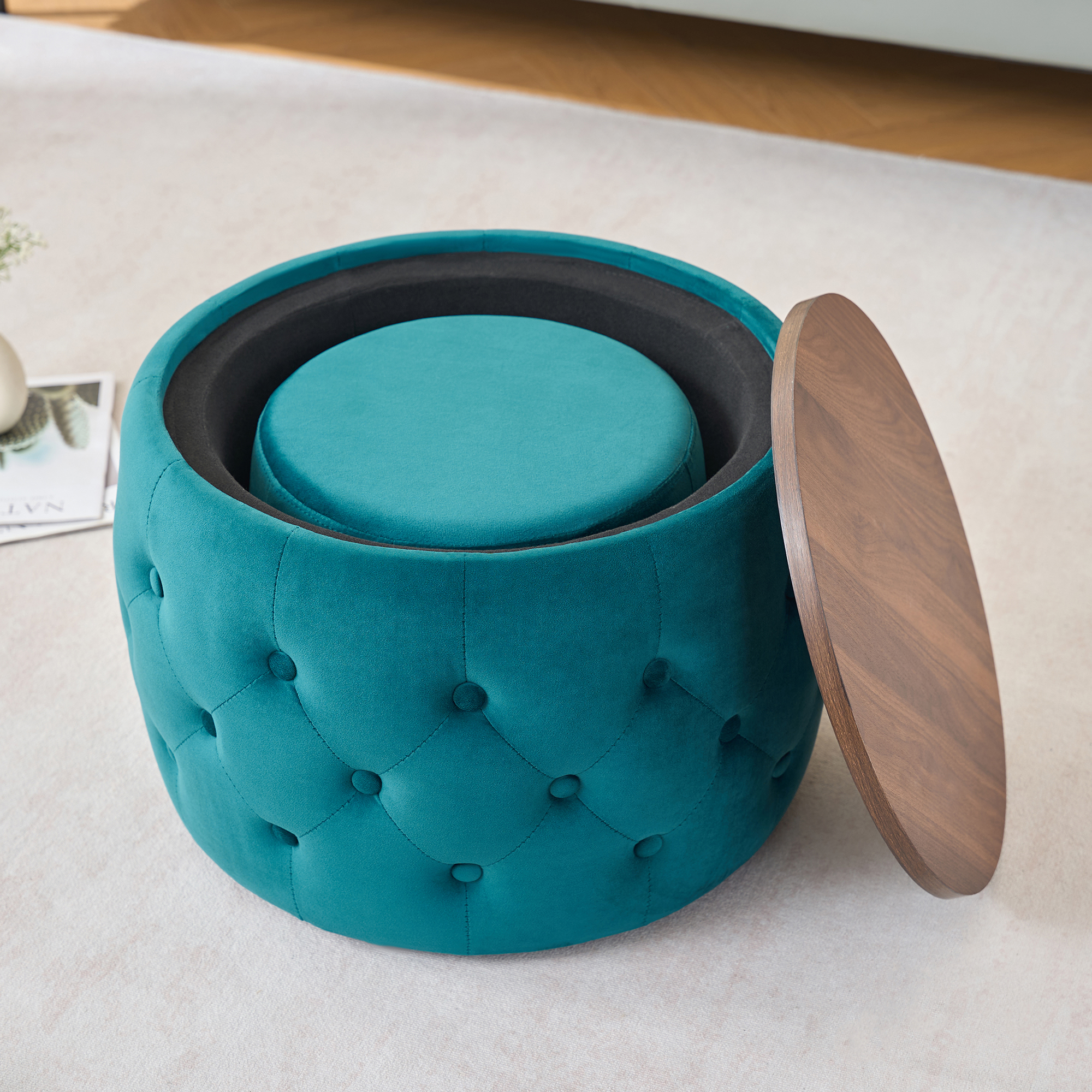 Luxurious Velvet Nesting Ottomans of 2, 4-in-1 Function, Round Storage Foot Stool with Wood Tray, No Assembly Needed, Blue (22.75"x22.75"x15"H) - Image 4