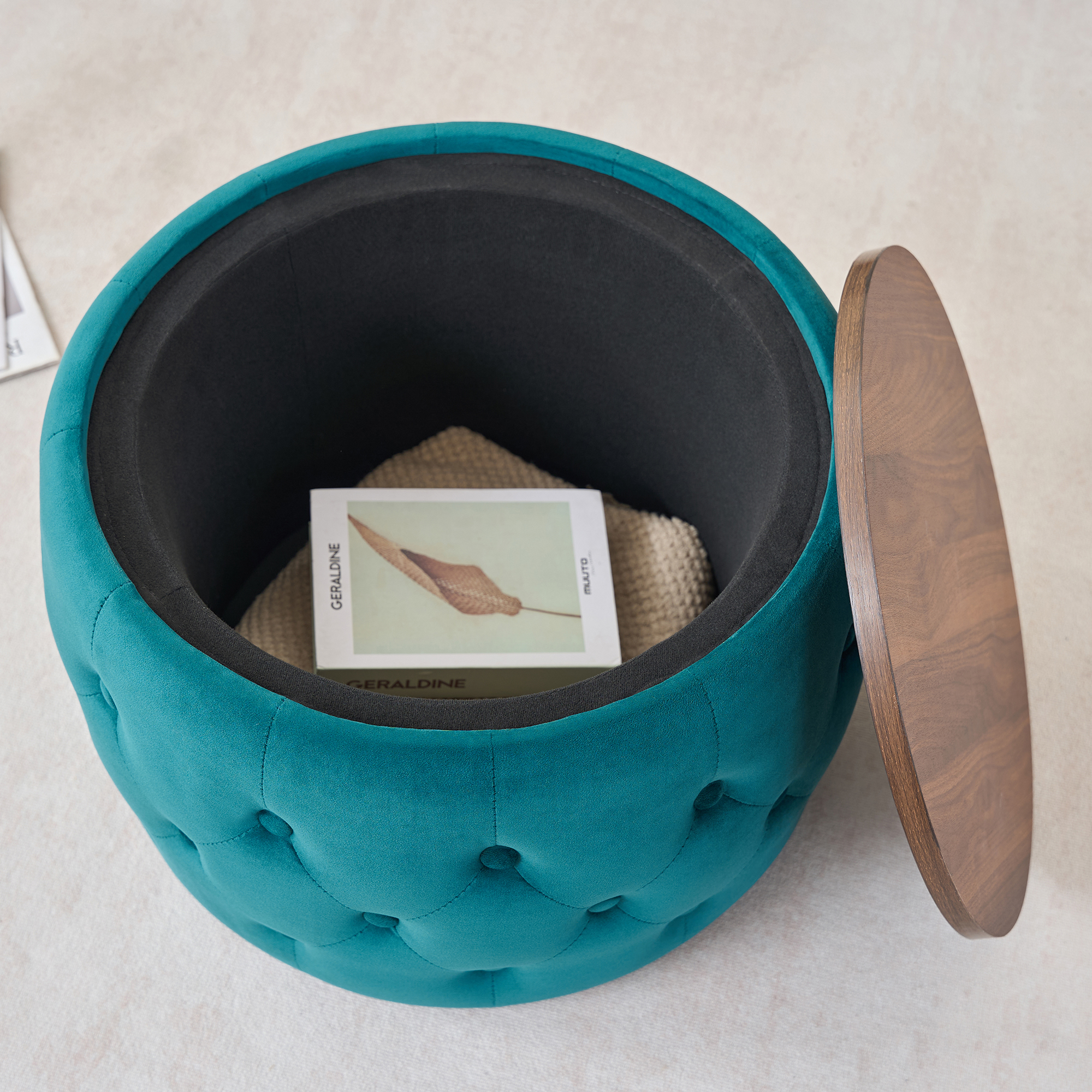 Luxurious Velvet Nesting Ottomans of 2, 4-in-1 Function, Round Storage Foot Stool with Wood Tray, No Assembly Needed, Blue (22.75"x22.75"x15"H) - Image 6