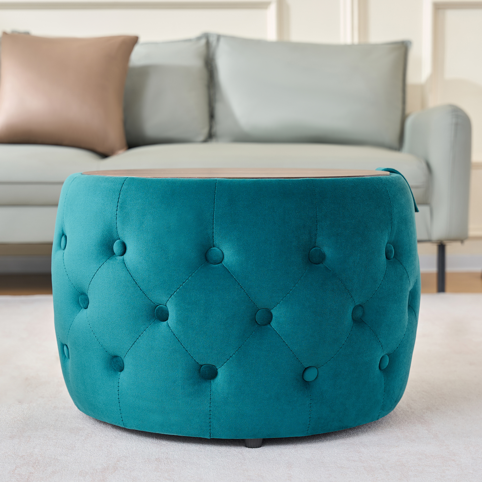 Luxurious Velvet Nesting Ottomans of 2, 4-in-1 Function, Round Storage Foot Stool with Wood Tray, No Assembly Needed, Blue (22.75"x22.75"x15"H) - Image 5