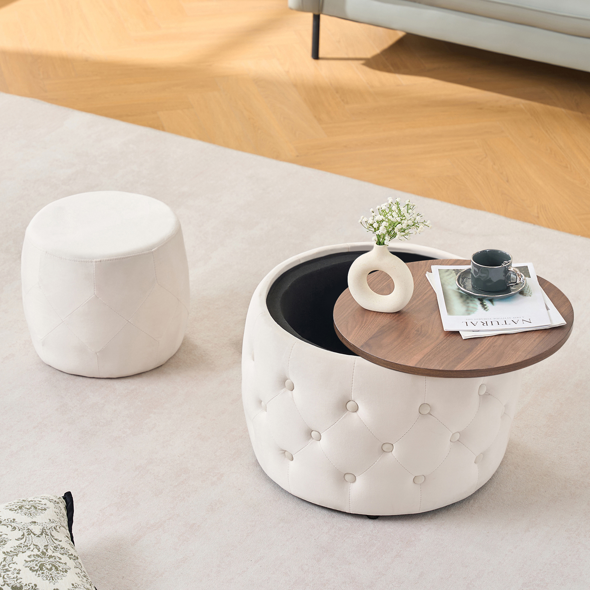 Luxurious Velvet Nesting Ottomans of 2, 4-in-1 Function, Round Storage Foot Stool with Wood Tray, No Assembly Needed, Beige (22.75"x22.75"x15"H) - Image 3