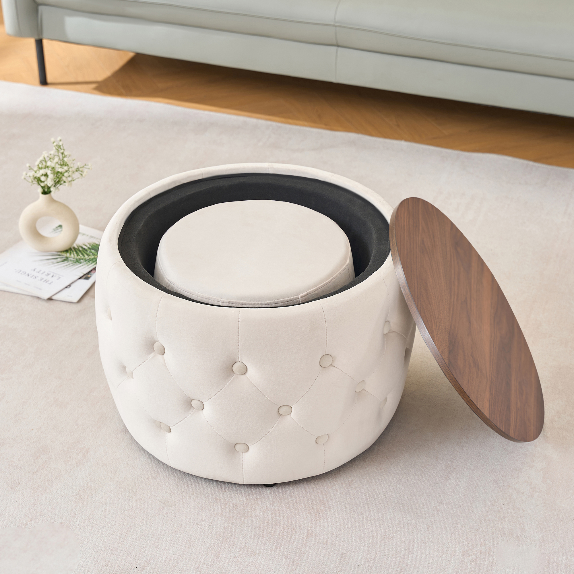Luxurious Velvet Nesting Ottomans of 2, 4-in-1 Function, Round Storage Foot Stool with Wood Tray, No Assembly Needed, Beige (22.75"x22.75"x15"H) - Image 4