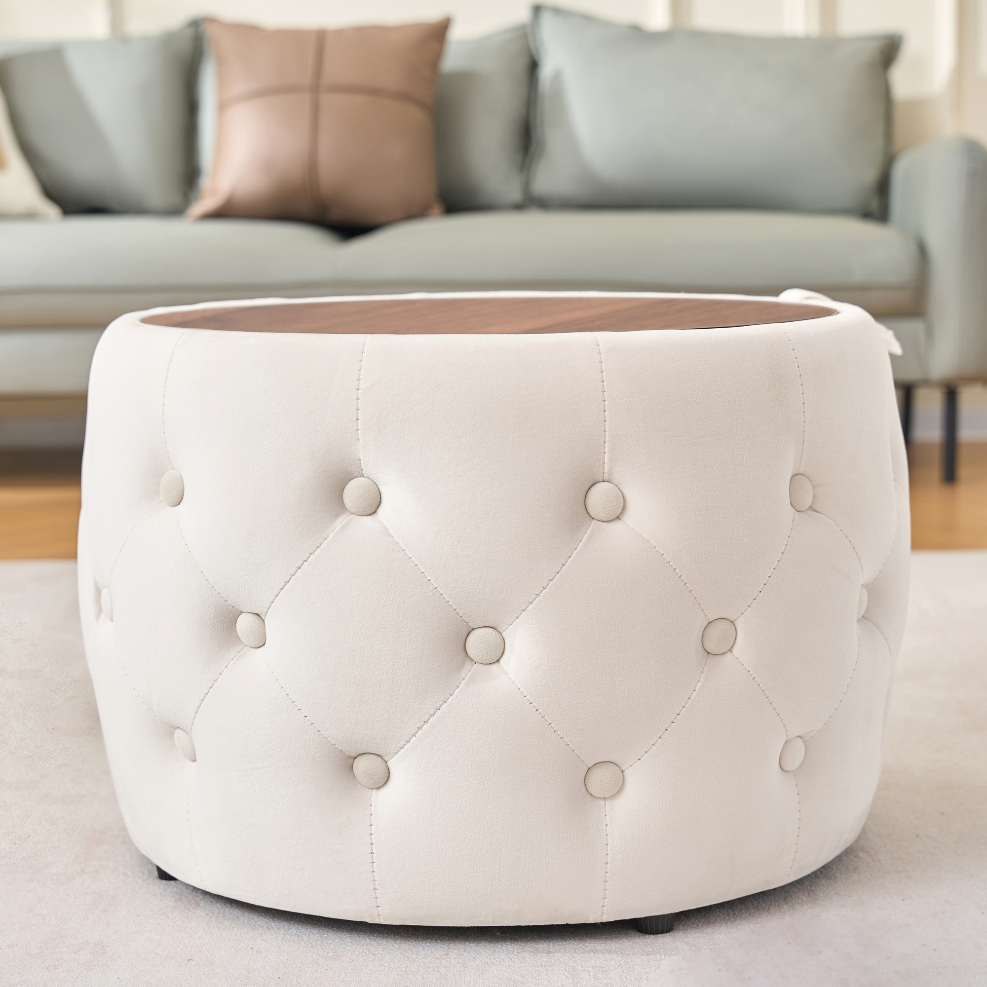 Luxurious Velvet Nesting Ottomans of 2, 4-in-1 Function, Round Storage Foot Stool with Wood Tray, No Assembly Needed, Beige (22.75"x22.75"x15"H) - Image 5