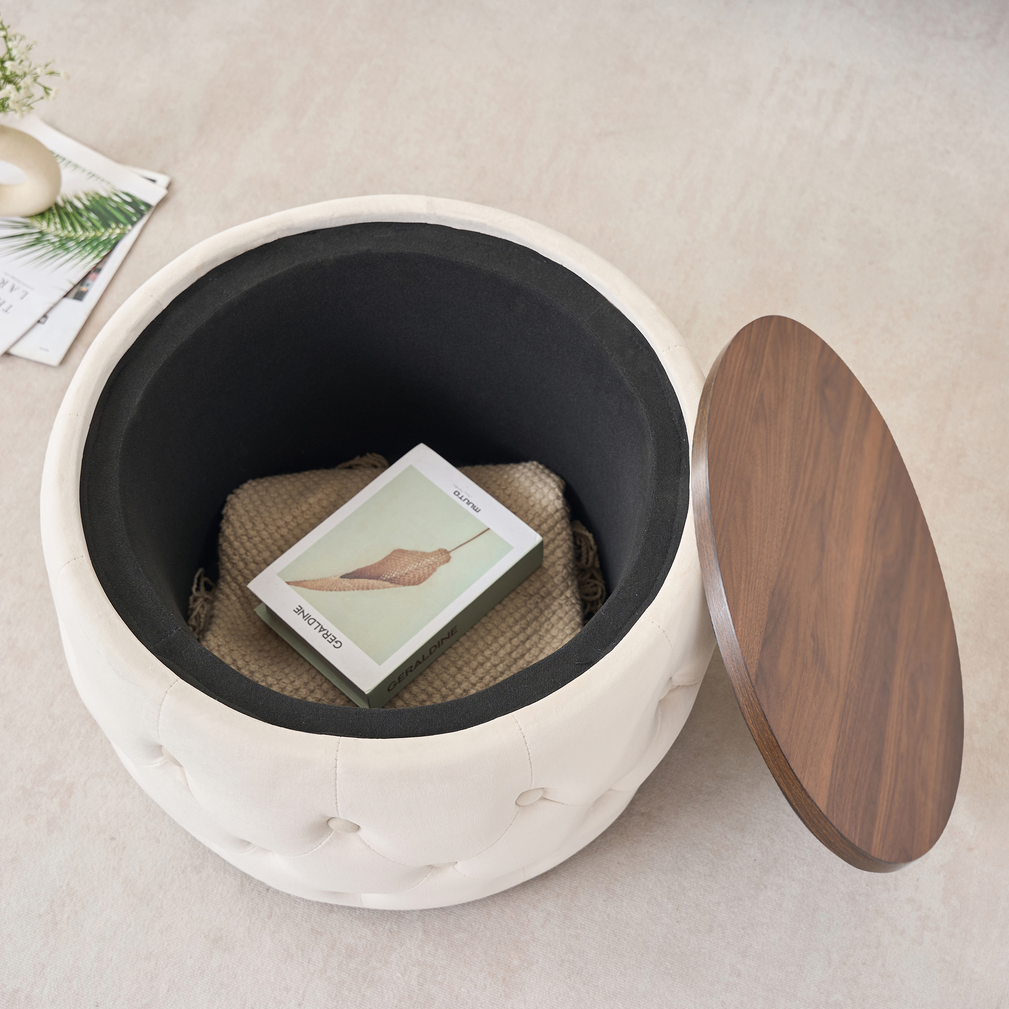 Luxurious Velvet Nesting Ottomans of 2, 4-in-1 Function, Round Storage Foot Stool with Wood Tray, No Assembly Needed, Beige (22.75"x22.75"x15"H) - Image 6