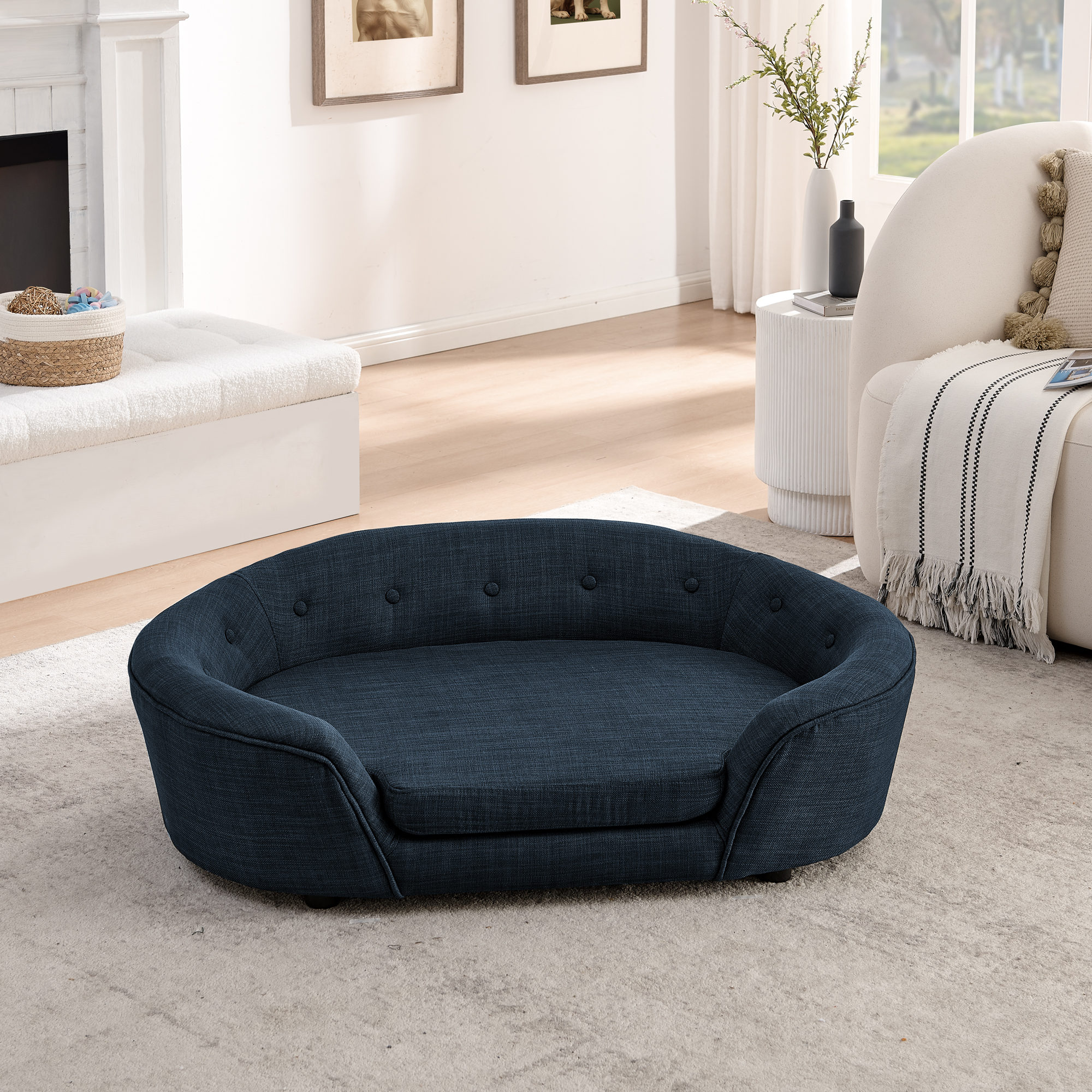 OVERSIZED Size Oval Semi-Enclosed Dog Sofa - Durable Linen Material, Button-Tufted Backrest, High-Center Low-Sides Support & Plush Comfort- - Image 2
