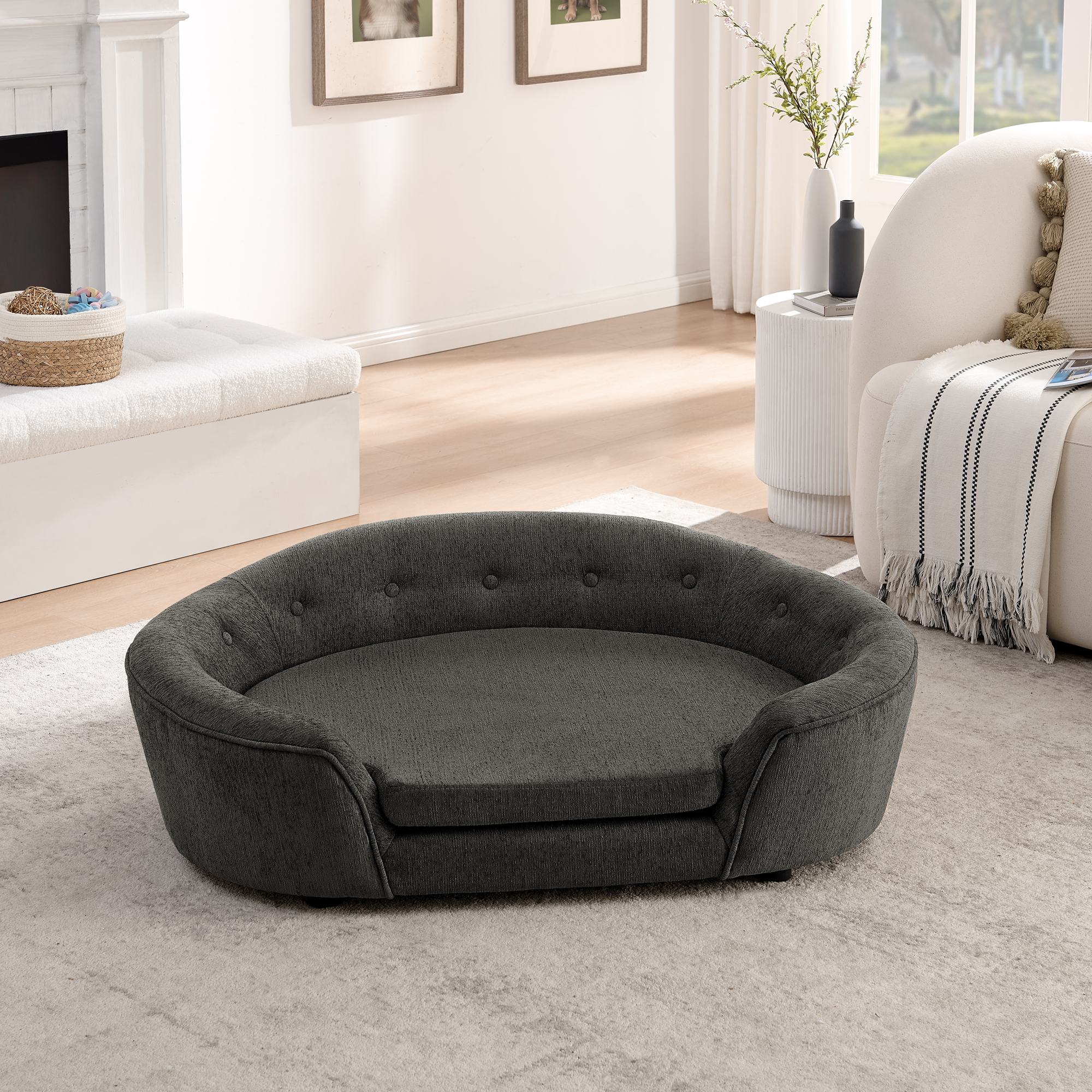 OVERSIZED Size Oval Semi-Enclosed Dog Sofa - Durable Linen Material, Button-Tufted Backrest, High-Center Low-Sides Support & Plush Comfort-Dark Gray - Image 2