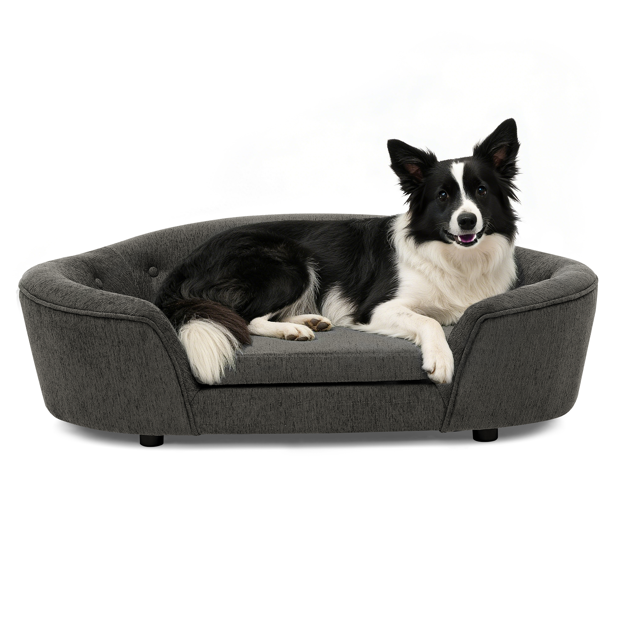 OVERSIZED Size Oval Semi-Enclosed Dog Sofa - Durable Linen Material, Button-Tufted Backrest, High-Center Low-Sides Support & Plush Comfort-Dark Gray - Image 6