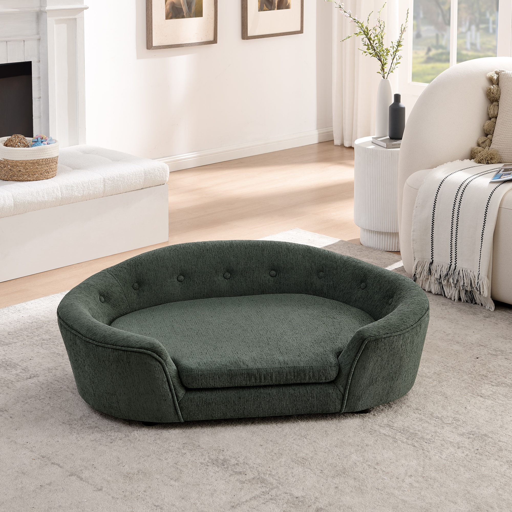 OVERSIZED Size Oval Semi-Enclosed Dog Sofa - Durable Linen Material, Button-Tufted Backrest, High-Center Low-Sides Support & Plush Comfort-Olive Green - Image 2