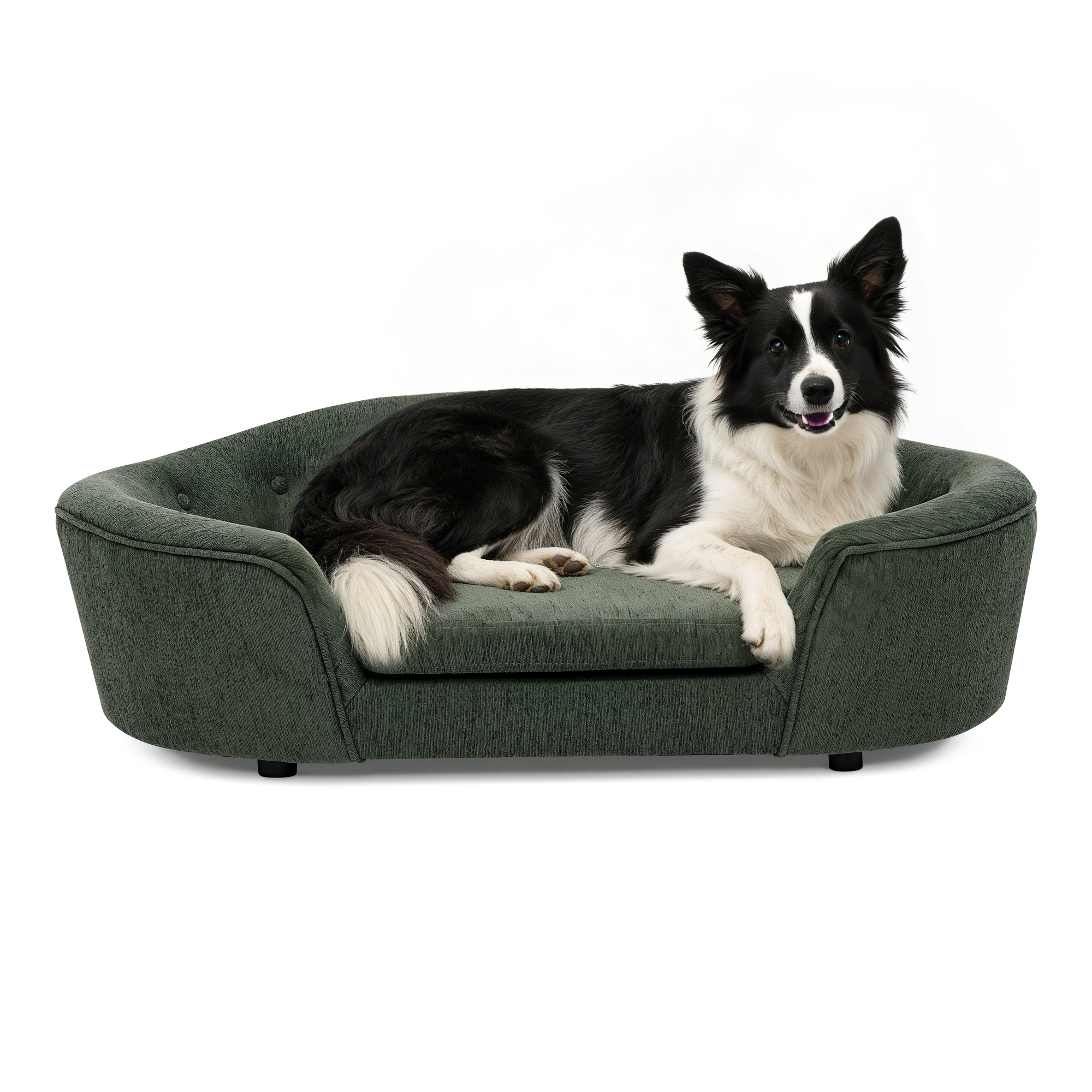 OVERSIZED Size Oval Semi-Enclosed Dog Sofa - Durable Linen Material, Button-Tufted Backrest, High-Center Low-Sides Support & Plush Comfort-Olive Green - Image 6