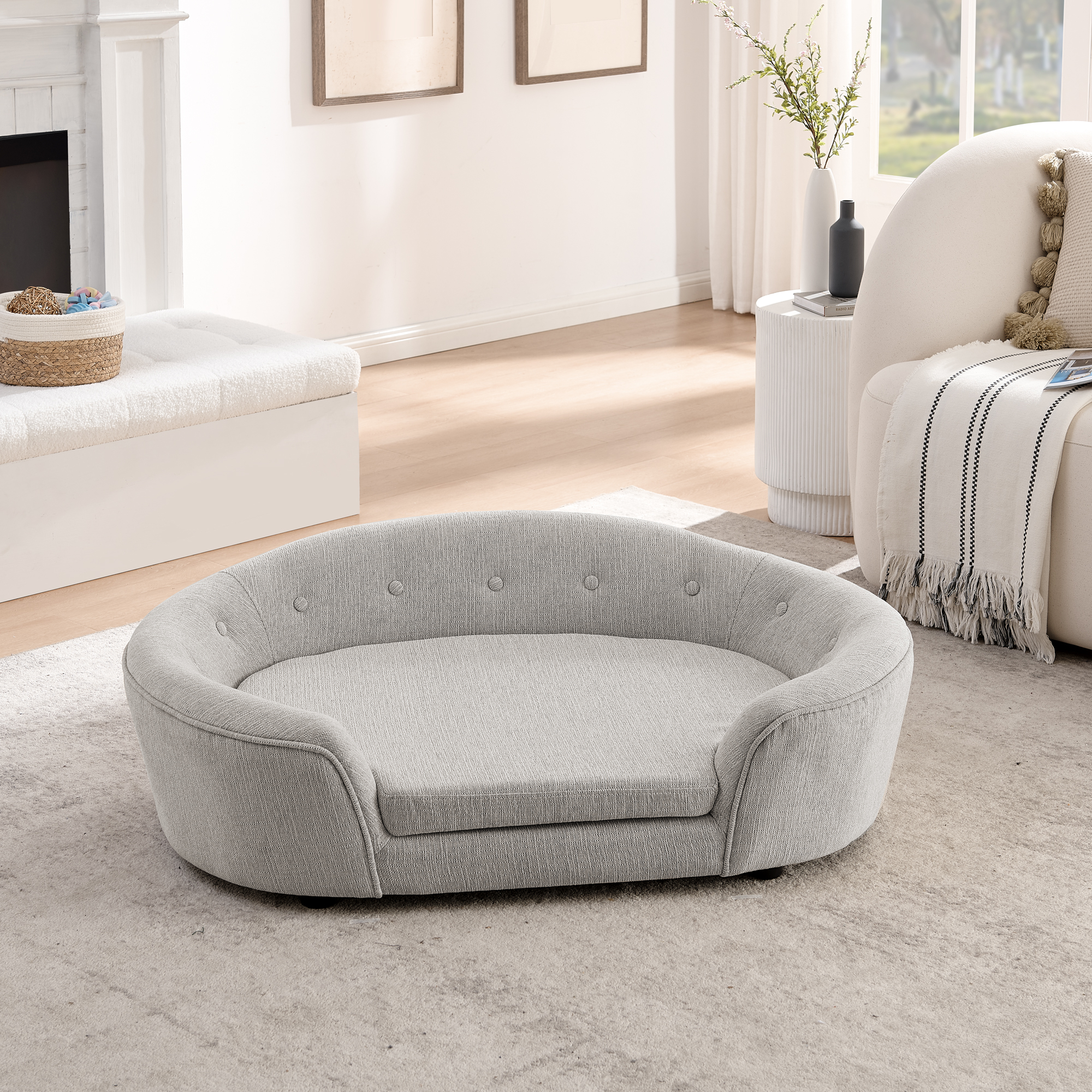 OVERSIZED Size Oval Semi-Enclosed Dog Sofa - Durable Linen Material, Button-Tufted Backrest, High-Center Low-Sides Support & Plush Comfort-Beige - Image 2
