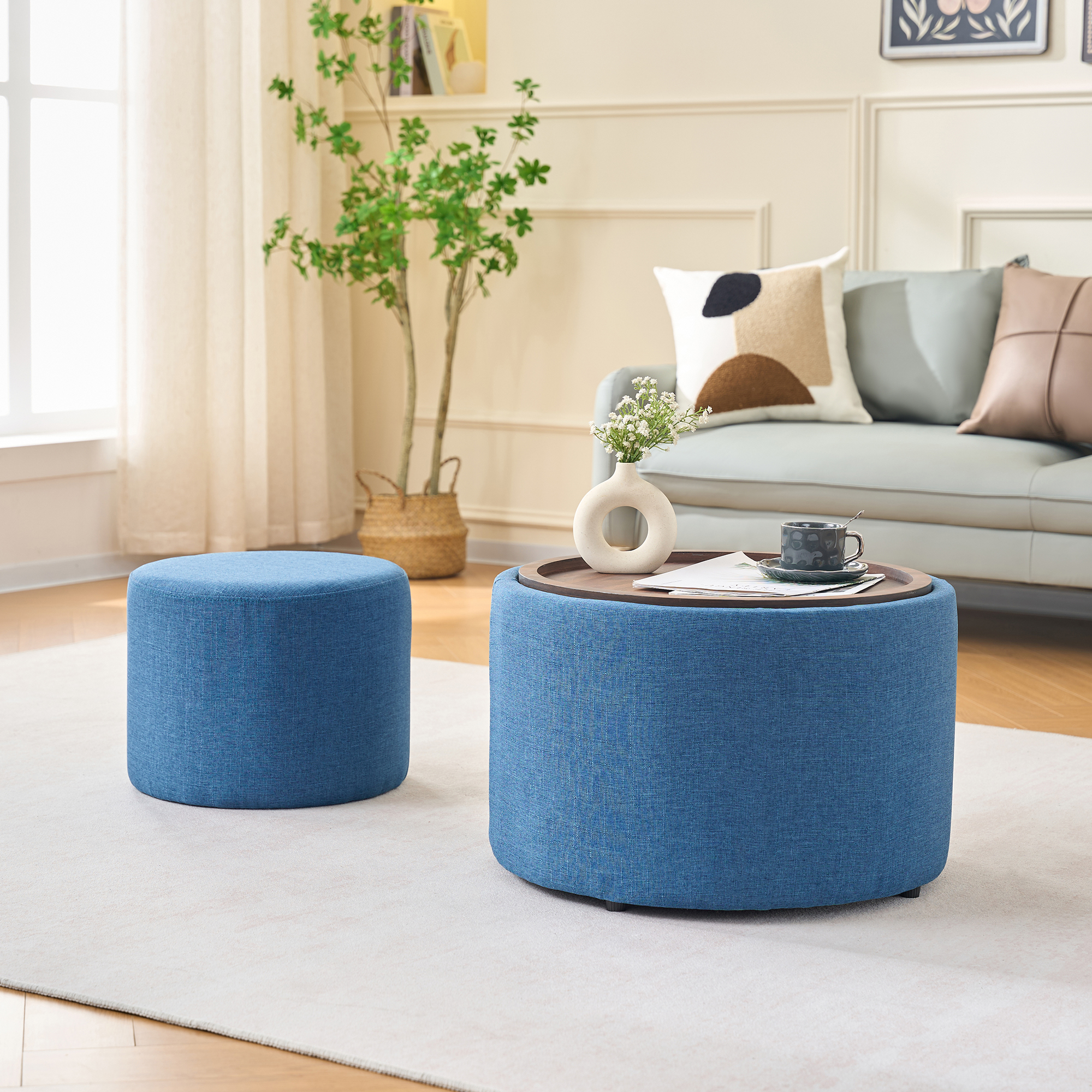 Ball & Cast Nesting Storage Ottomans of 2, Linen Upholstered Footstool w/Wood Tray, 22.75" Round Coffee Table & Bench, Blue - Image 3
