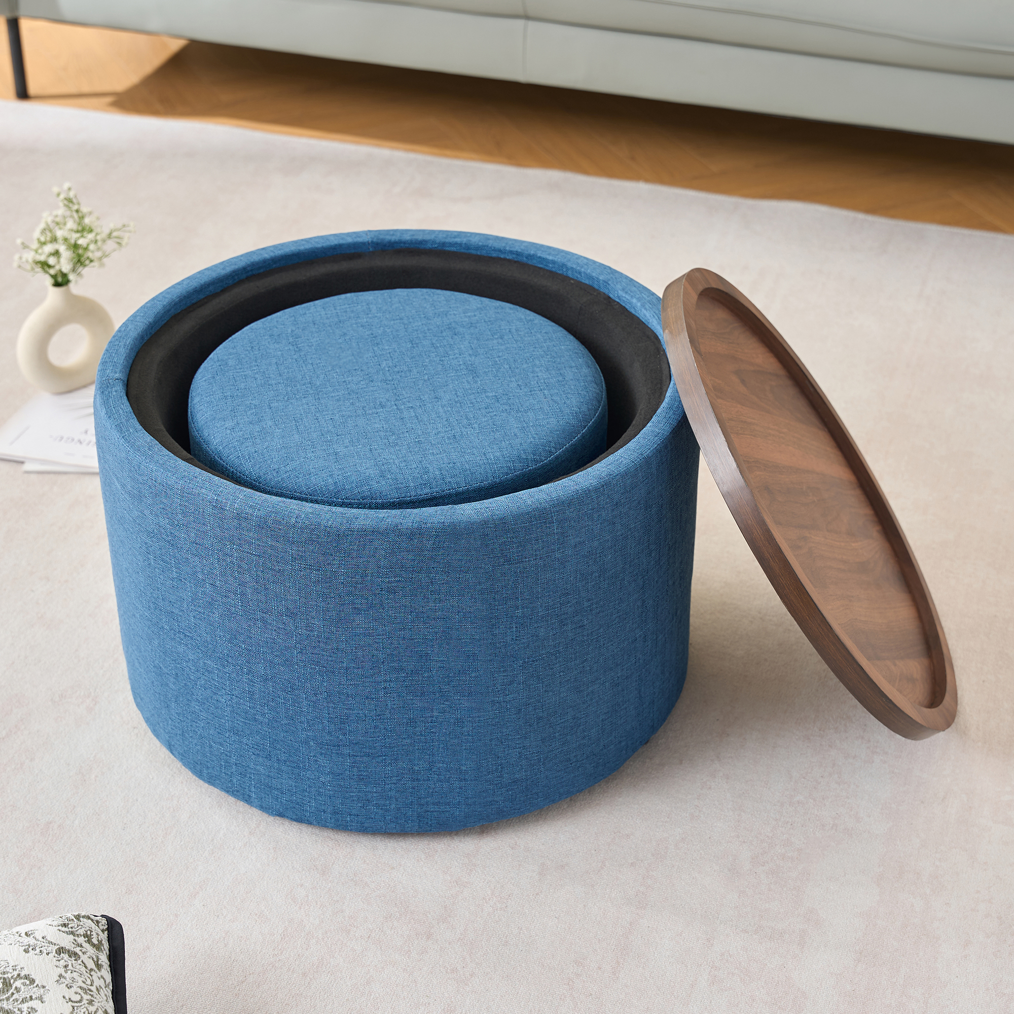 Ball & Cast Nesting Storage Ottomans of 2, Linen Upholstered Footstool w/Wood Tray, 22.75" Round Coffee Table & Bench, Blue - Image 4