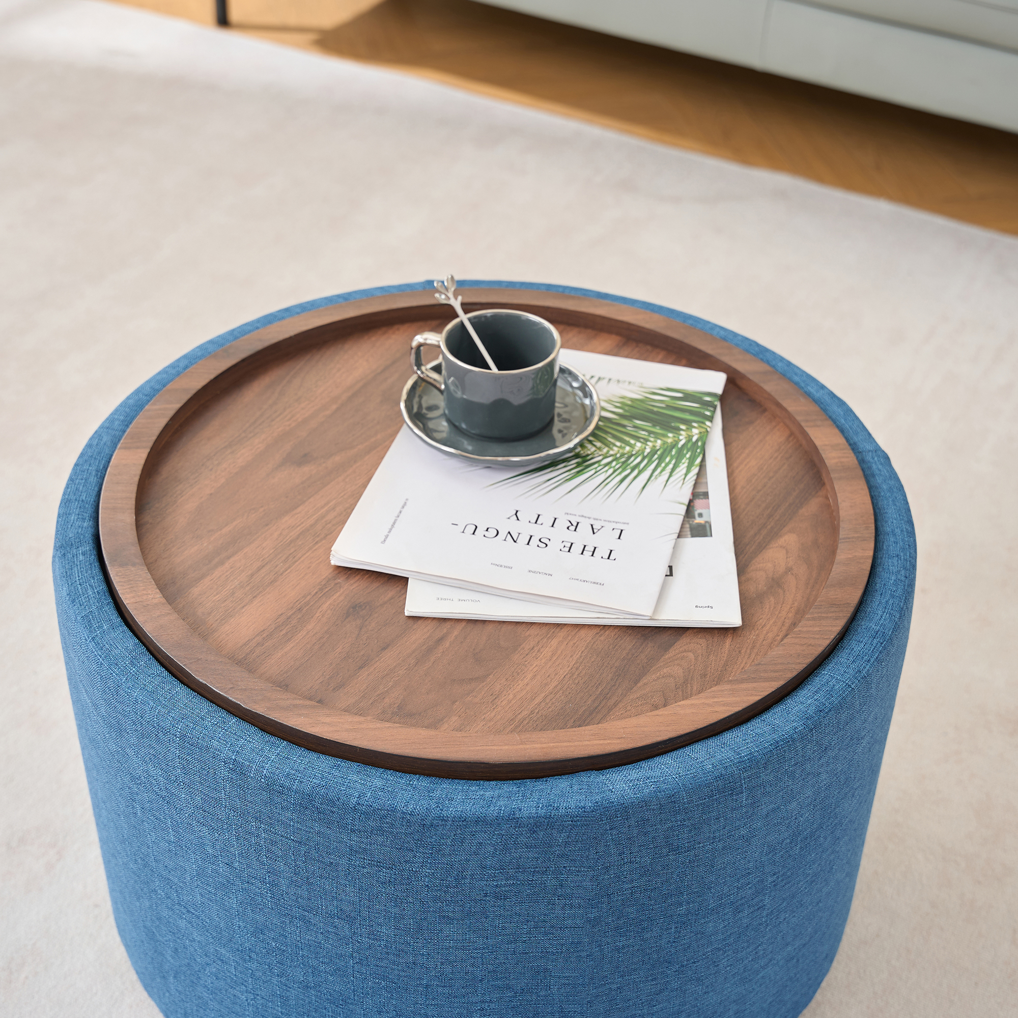 Ball & Cast Nesting Storage Ottomans of 2, Linen Upholstered Footstool w/Wood Tray, 22.75" Round Coffee Table & Bench, Blue - Image 5