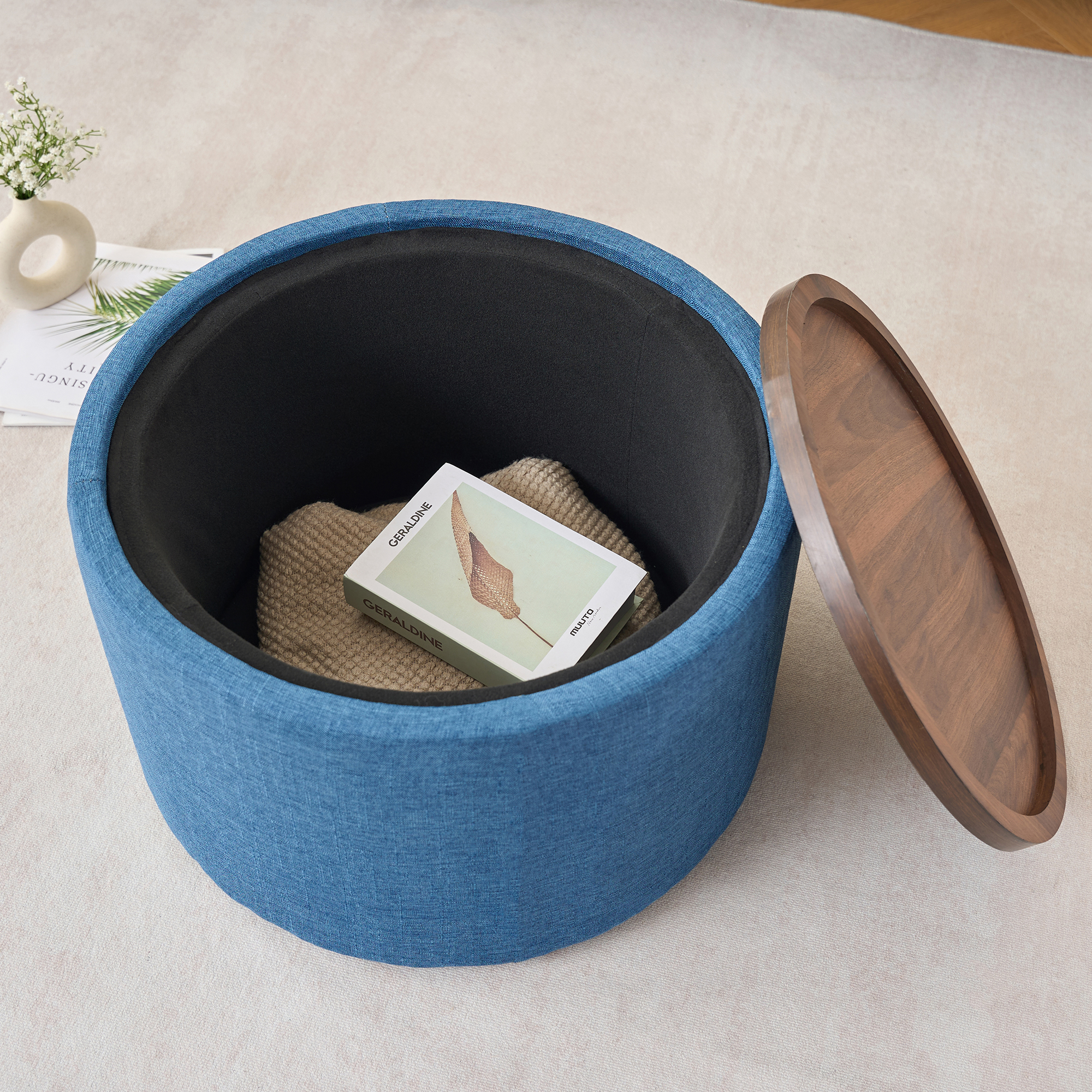 Ball & Cast Nesting Storage Ottomans of 2, Linen Upholstered Footstool w/Wood Tray, 22.75" Round Coffee Table & Bench, Blue - Image 6