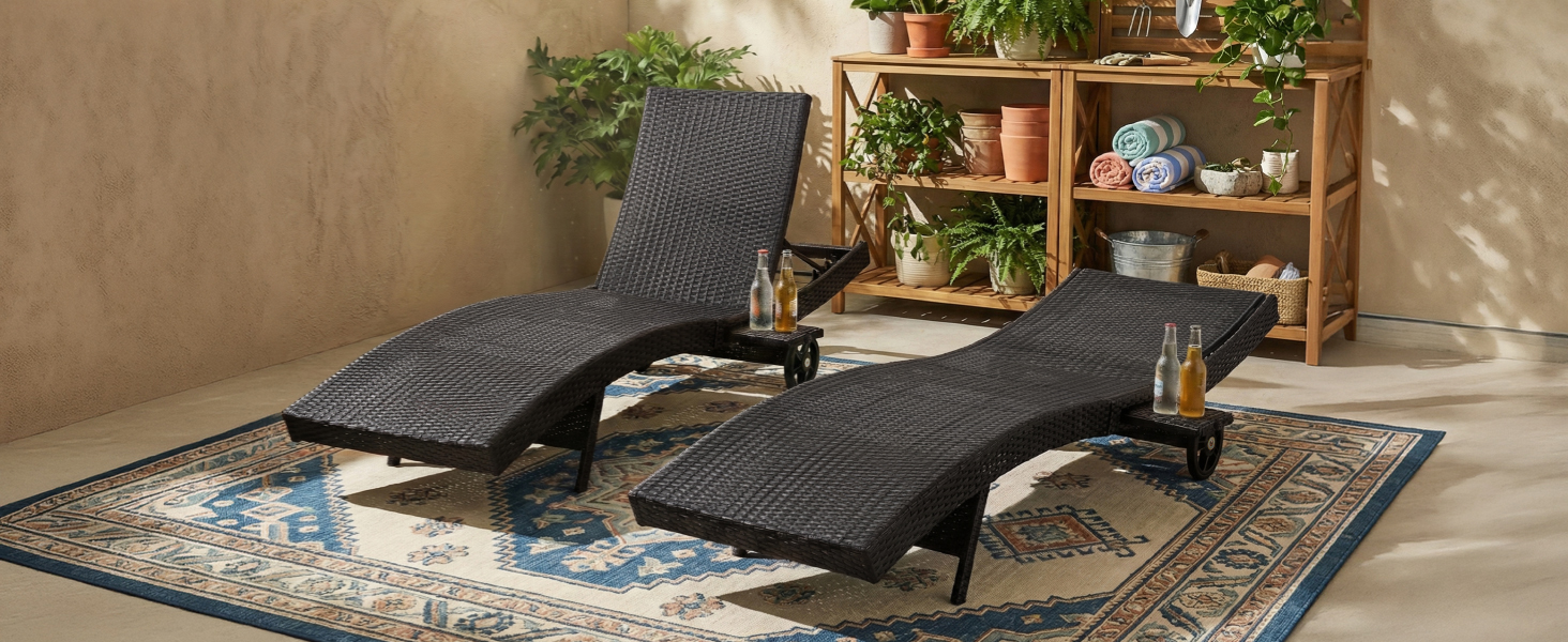 K&K 80" Patio Wicker Chaise Lounge Chairs Set of 2, Outdoor Rattan Reclining Lounge Chair w/ Rolling Wheels & Pull-out Side Table, Adjustable Backrest, Ergonomic Wave Design for Poolside,Black & Brown - Image 3