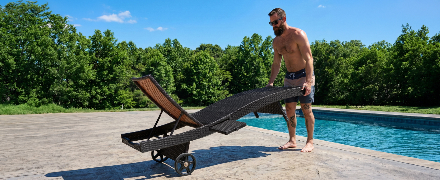 K&K 80" Patio Wicker Chaise Lounge Chairs Set of 2, Outdoor Rattan Reclining Lounge Chair w/ Rolling Wheels & Pull-out Side Table, Adjustable Backrest, Ergonomic Wave Design for Poolside,Black & Brown - Image 4