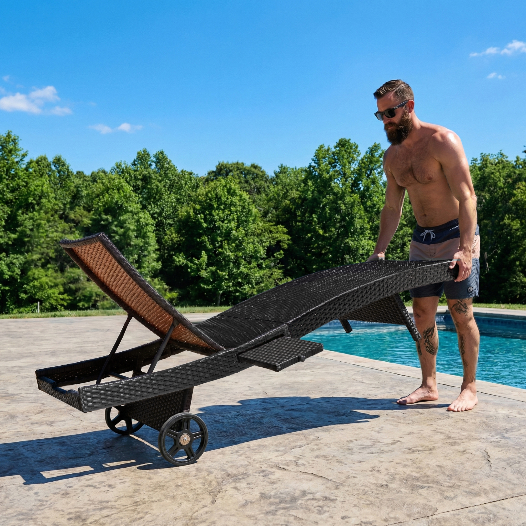 K&K 80" Patio Wicker Chaise Lounge Chairs Set of 2, Outdoor Rattan Reclining Lounge Chair w/ Rolling Wheels & Pull-out Side Table, Adjustable Backrest, Ergonomic Wave Design for Poolside,Black & Brown - Image 6