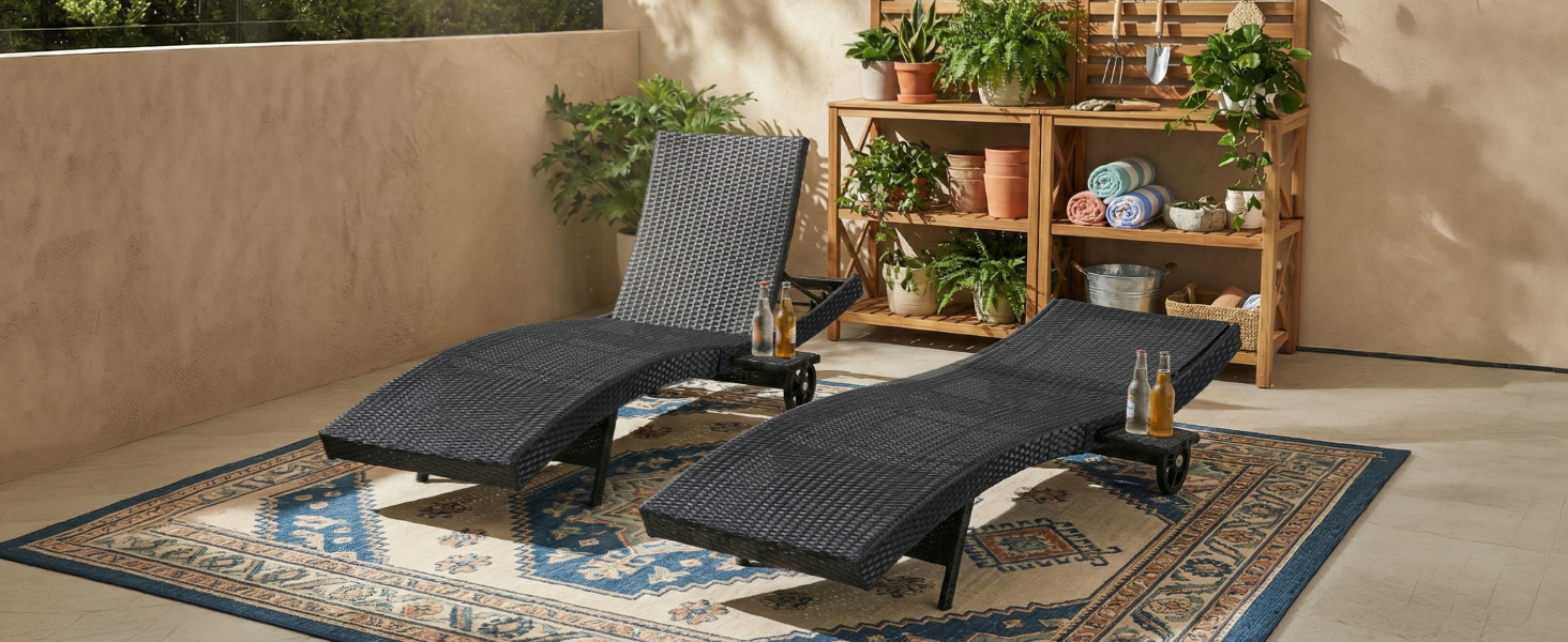 K&K 80" Patio Wicker Chaise Lounge Chairs Set of 2, Outdoor Rattan Reclining Lounge Chair w/ Rolling Wheels & Pull-out Side Table, Adjustable Backrest, Ergonomic Wave Design for Poolside, Black - Image 3