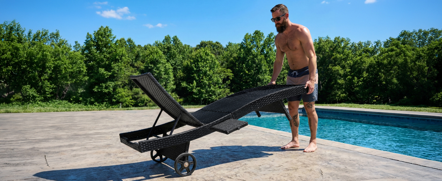 K&K 80" Patio Wicker Chaise Lounge Chairs Set of 2, Outdoor Rattan Reclining Lounge Chair w/ Rolling Wheels & Pull-out Side Table, Adjustable Backrest, Ergonomic Wave Design for Poolside, Black - Image 4