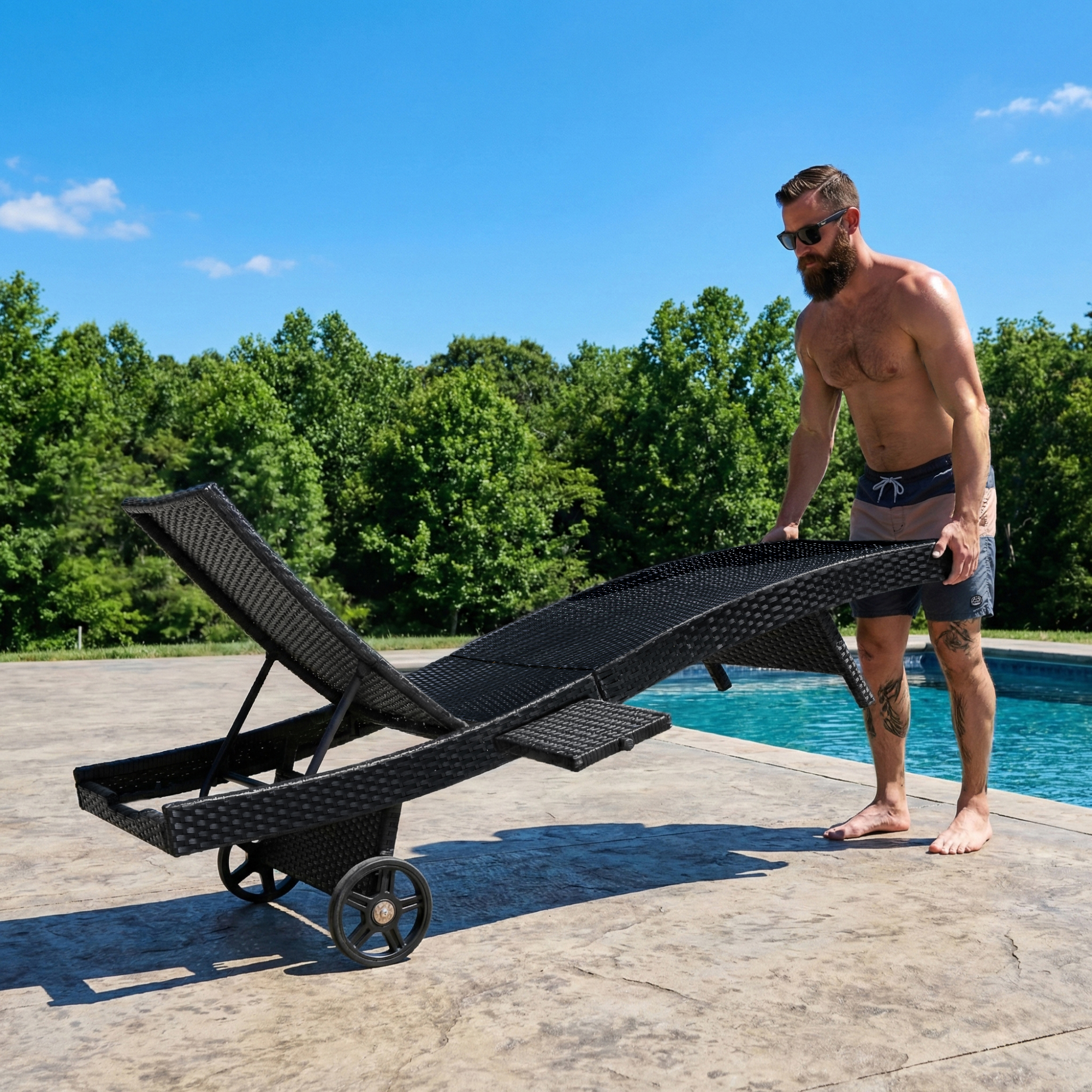 K&K 80" Patio Wicker Chaise Lounge Chairs Set of 2, Outdoor Rattan Reclining Lounge Chair w/ Rolling Wheels & Pull-out Side Table, Adjustable Backrest, Ergonomic Wave Design for Poolside, Black - Image 5