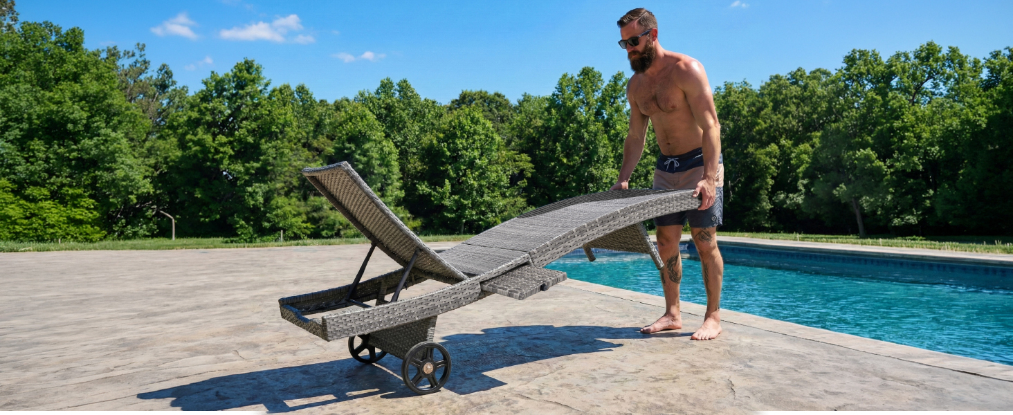 K&K 80" Patio Wicker Chaise Lounge Chairs Set of 2, Outdoor Rattan Reclining Lounge Chair w/ Rolling Wheels & Pull-out Side Table, Adjustable Backrest, Ergonomic Wave Design for Poolside, Deck, Grey - Image 2