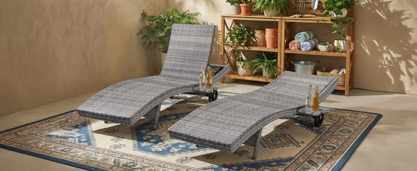 K&K 80" Patio Wicker Chaise Lounge Chairs Set of 2, Outdoor Rattan Reclining Lounge Chair w/ Rolling Wheels & Pull-out Side Table, Adjustable Backrest, Ergonomic Wave Design for Poolside, Deck, Grey - Image 4