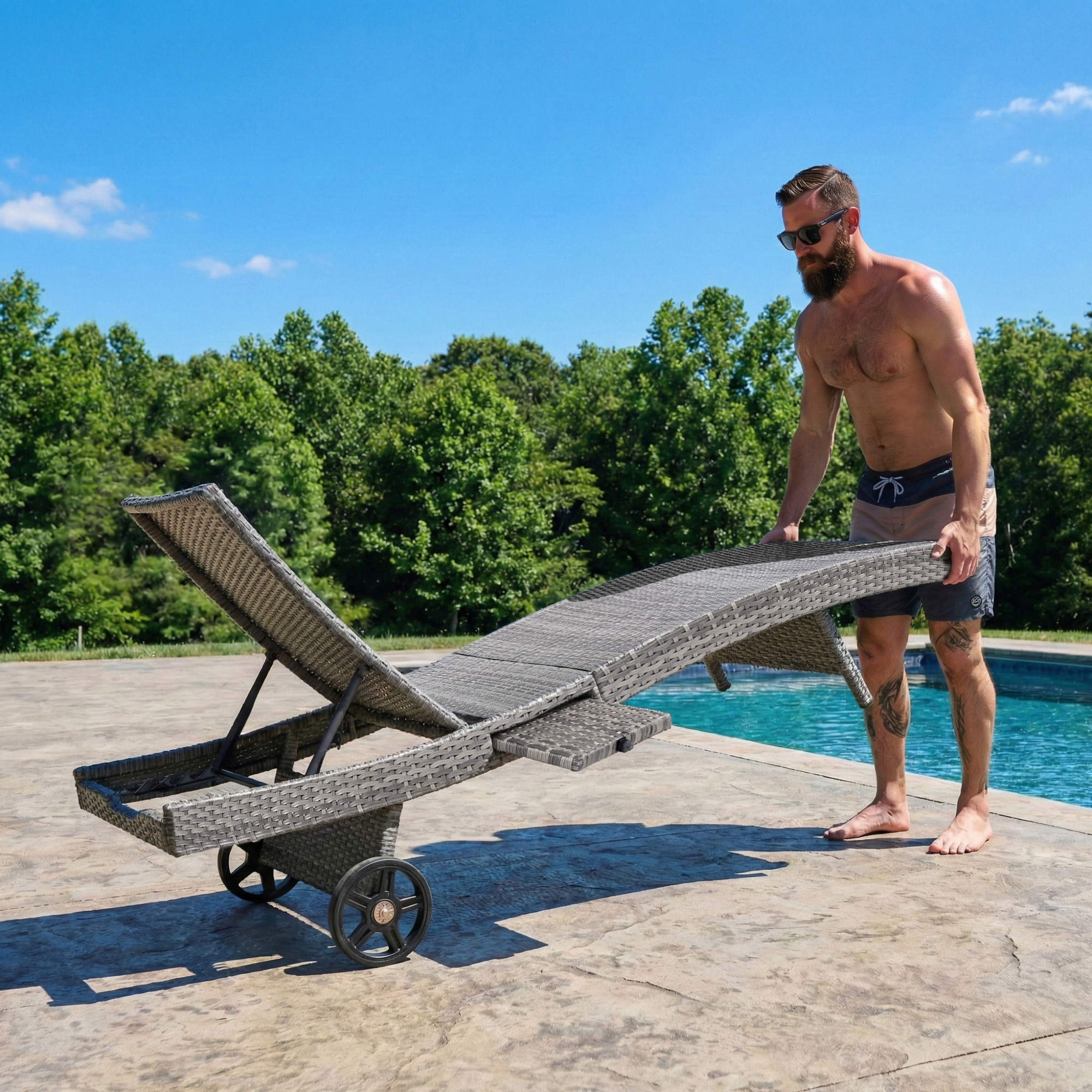 K&K 80" Patio Wicker Chaise Lounge Chairs Set of 2, Outdoor Rattan Reclining Lounge Chair w/ Rolling Wheels & Pull-out Side Table, Adjustable Backrest, Ergonomic Wave Design for Poolside, Deck, Grey - Image 5