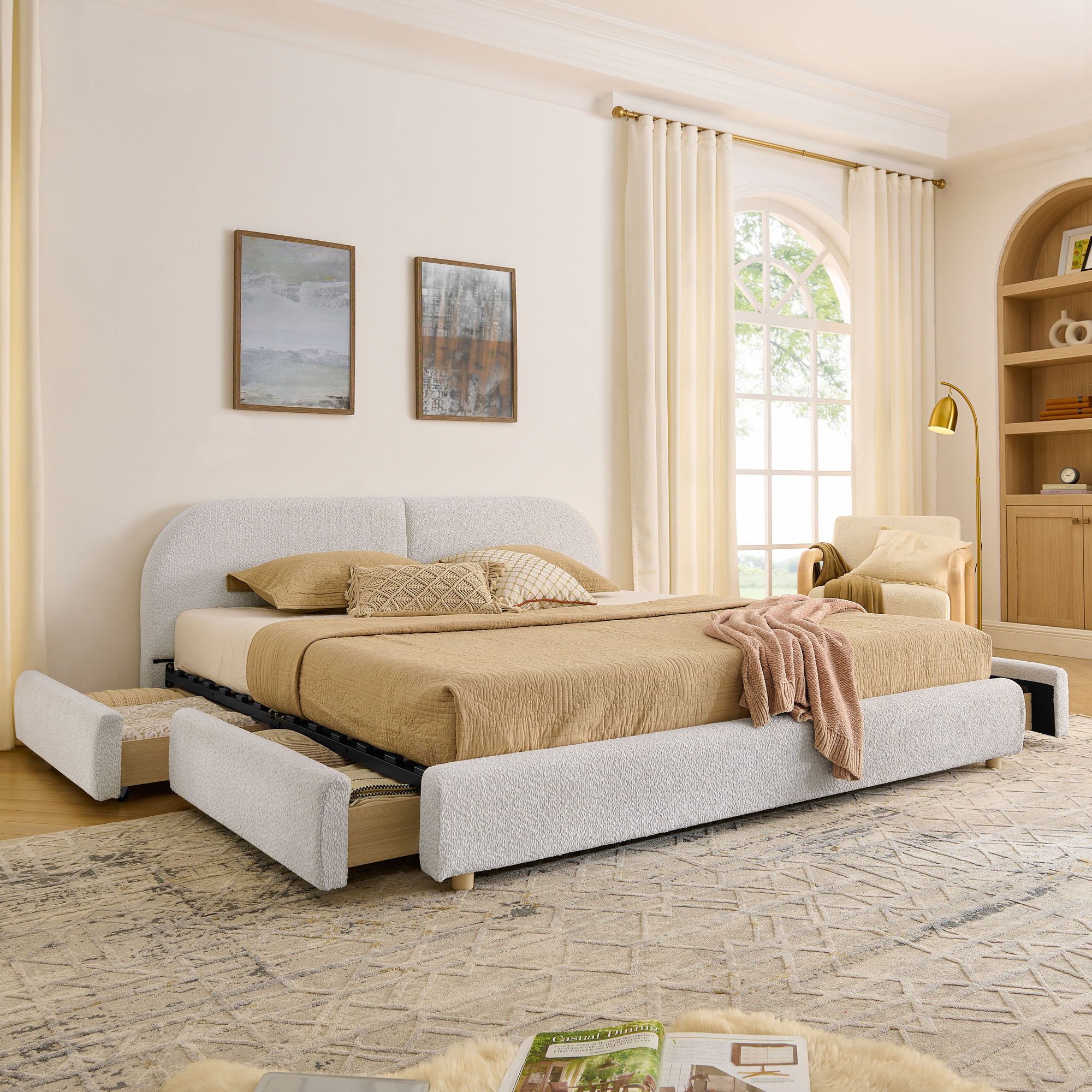 King Size Upholstered Bed Frame Modern Minimalist Style – Circle Yarn Fabric, Tall Curved Headboard, Sturdy Leg Support & Wheeled Drawer Storage, Mattress Not Included -Beige