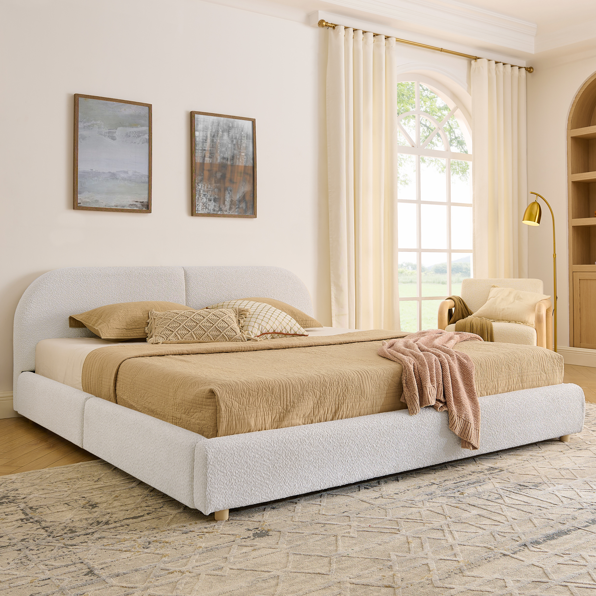 King Size Upholstered Bed Frame Modern Minimalist Style - Circle Yarn Fabric, Tall Curved Headboard, Sturdy Leg Support & Wheeled Drawer Storage, Mattress Not Included -Beige - Image 2