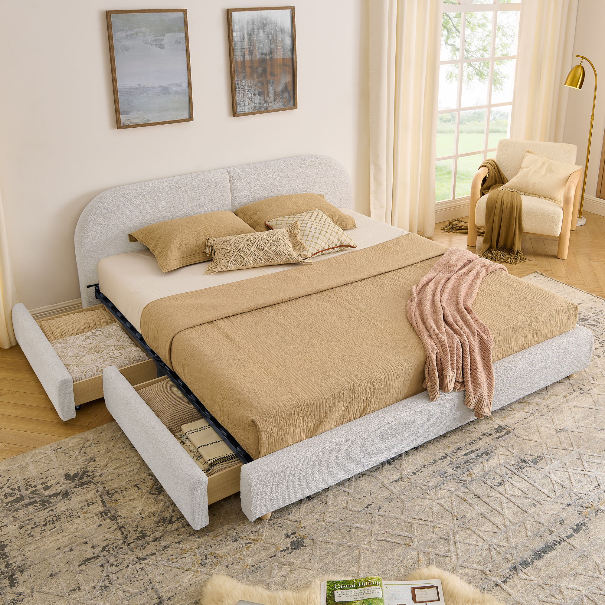 King Size Upholstered Bed Frame Modern Minimalist Style - Circle Yarn Fabric, Tall Curved Headboard, Sturdy Leg Support & Wheeled Drawer Storage, Mattress Not Included -Beige - Image 3