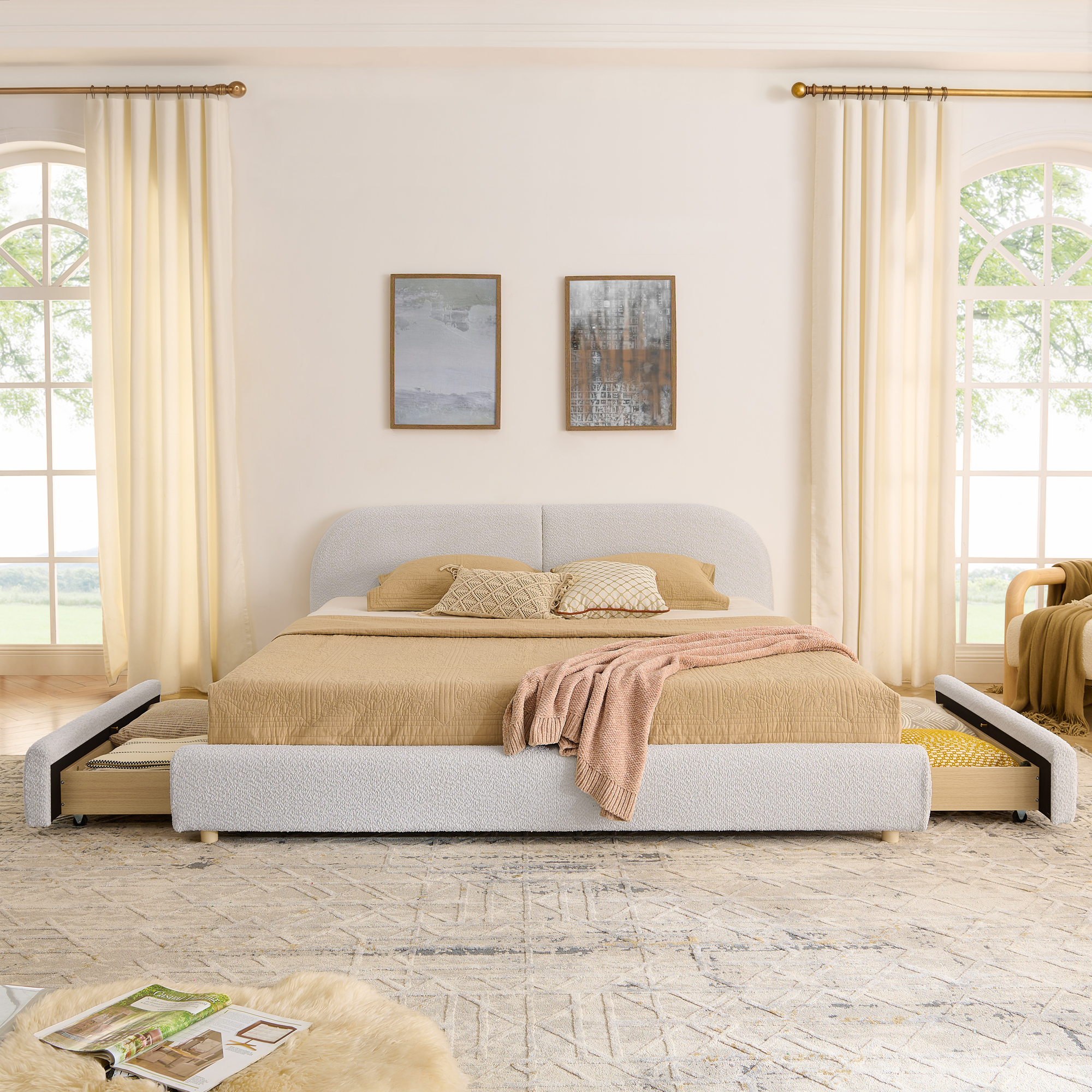 King Size Upholstered Bed Frame Modern Minimalist Style - Circle Yarn Fabric, Tall Curved Headboard, Sturdy Leg Support & Wheeled Drawer Storage, Mattress Not Included -Beige - Image 4