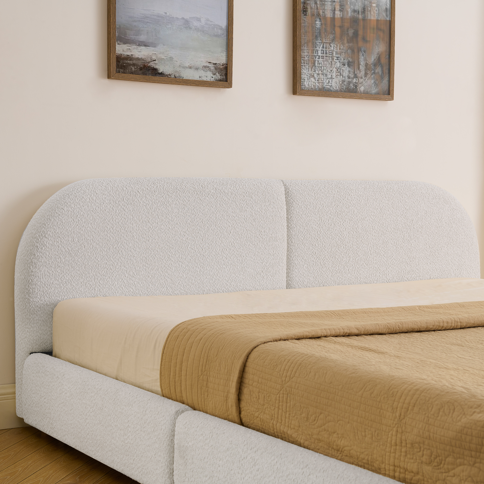 King Size Upholstered Bed Frame Modern Minimalist Style - Circle Yarn Fabric, Tall Curved Headboard, Sturdy Leg Support & Wheeled Drawer Storage, Mattress Not Included -Beige - Image 5