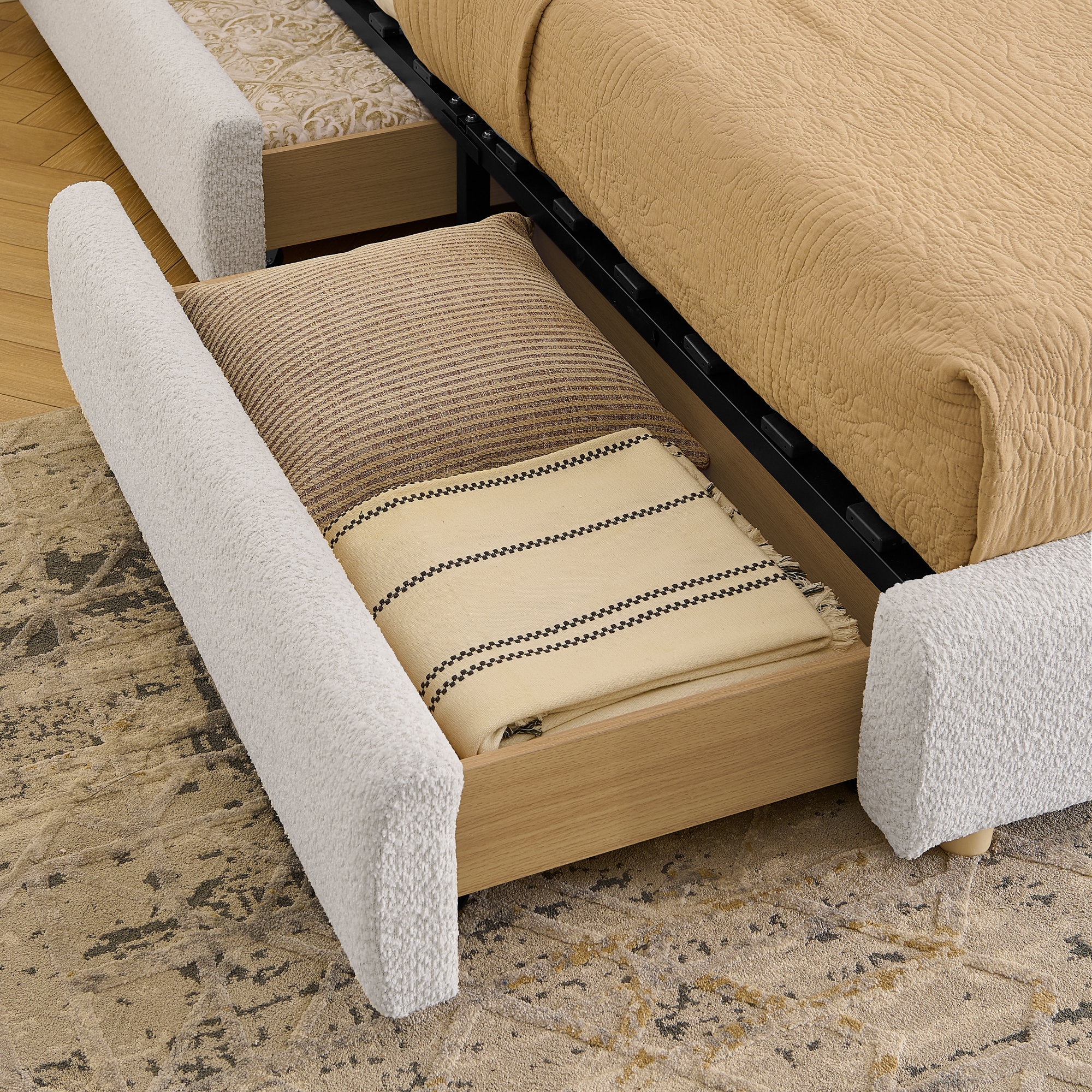 King Size Upholstered Bed Frame Modern Minimalist Style - Circle Yarn Fabric, Tall Curved Headboard, Sturdy Leg Support & Wheeled Drawer Storage, Mattress Not Included -Beige - Image 6